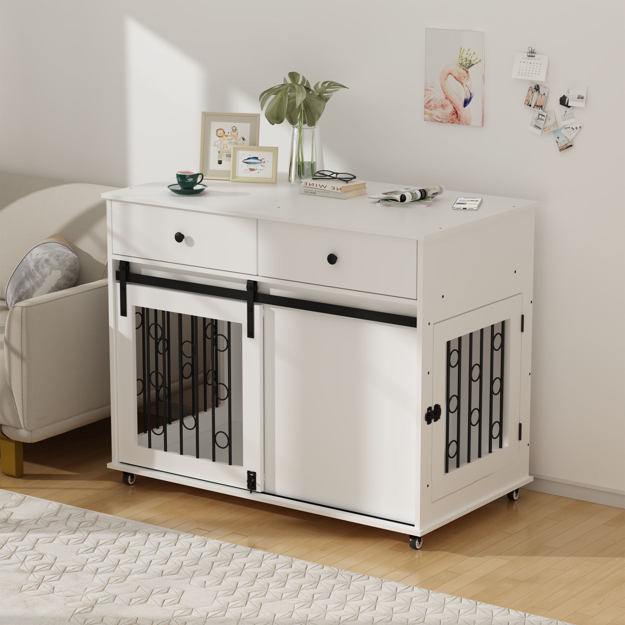 Dog Crate Furniture With Double Drawers And Sliding Barn Door, Pet Kennel For Small To Medium Dogs - White