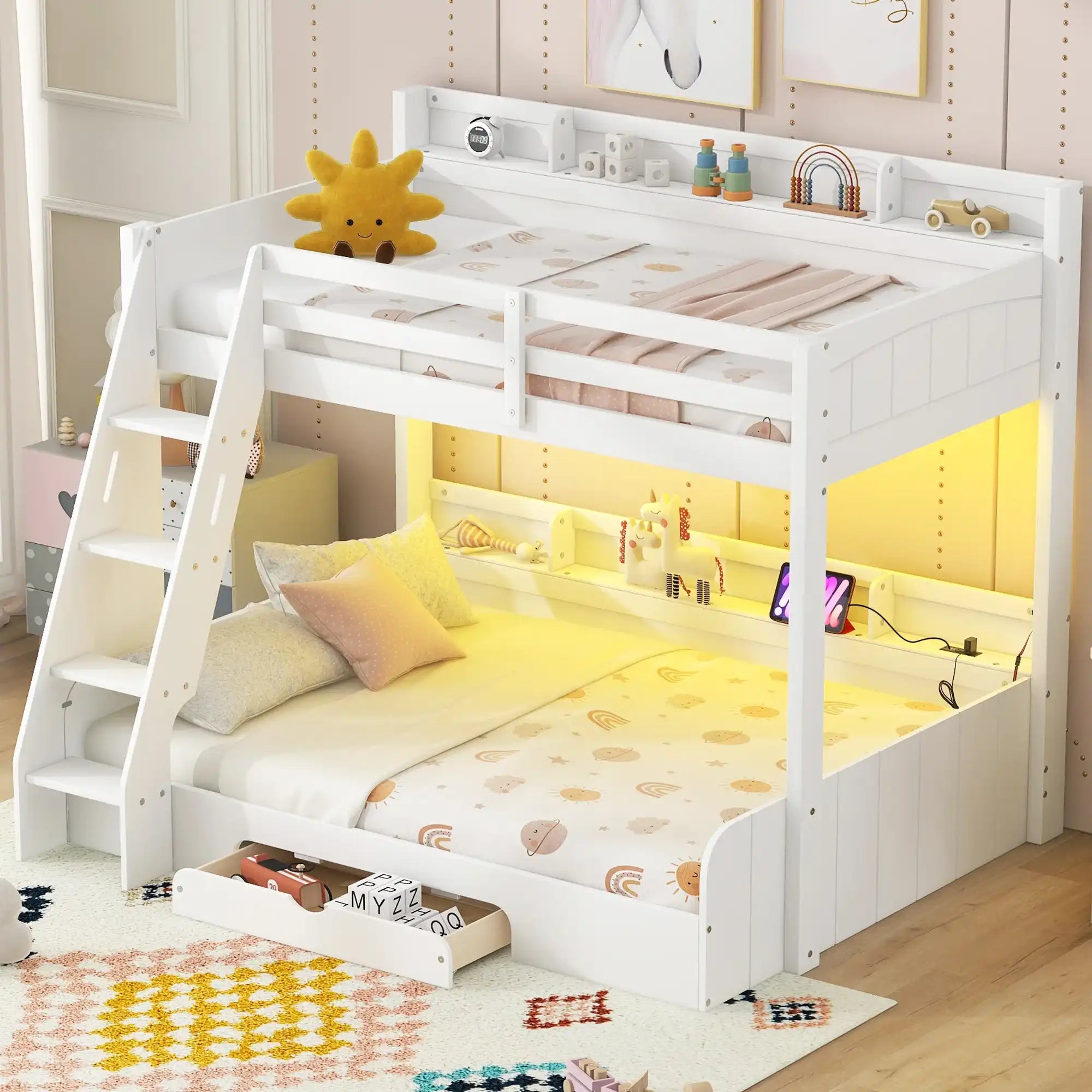 Twin over Full Bunk Bed with Storage Shelves, LED, Charging Station and a Drawer, White