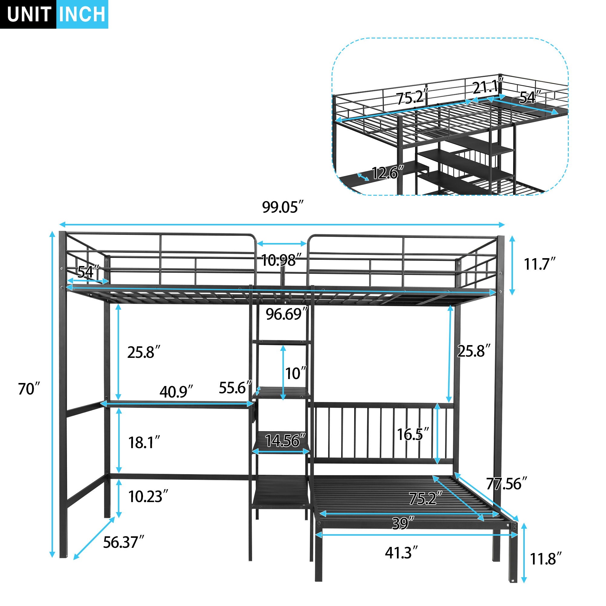 Full Over Twin Bunk Bed With Built In Desk, Shelves And Ladder - Black
