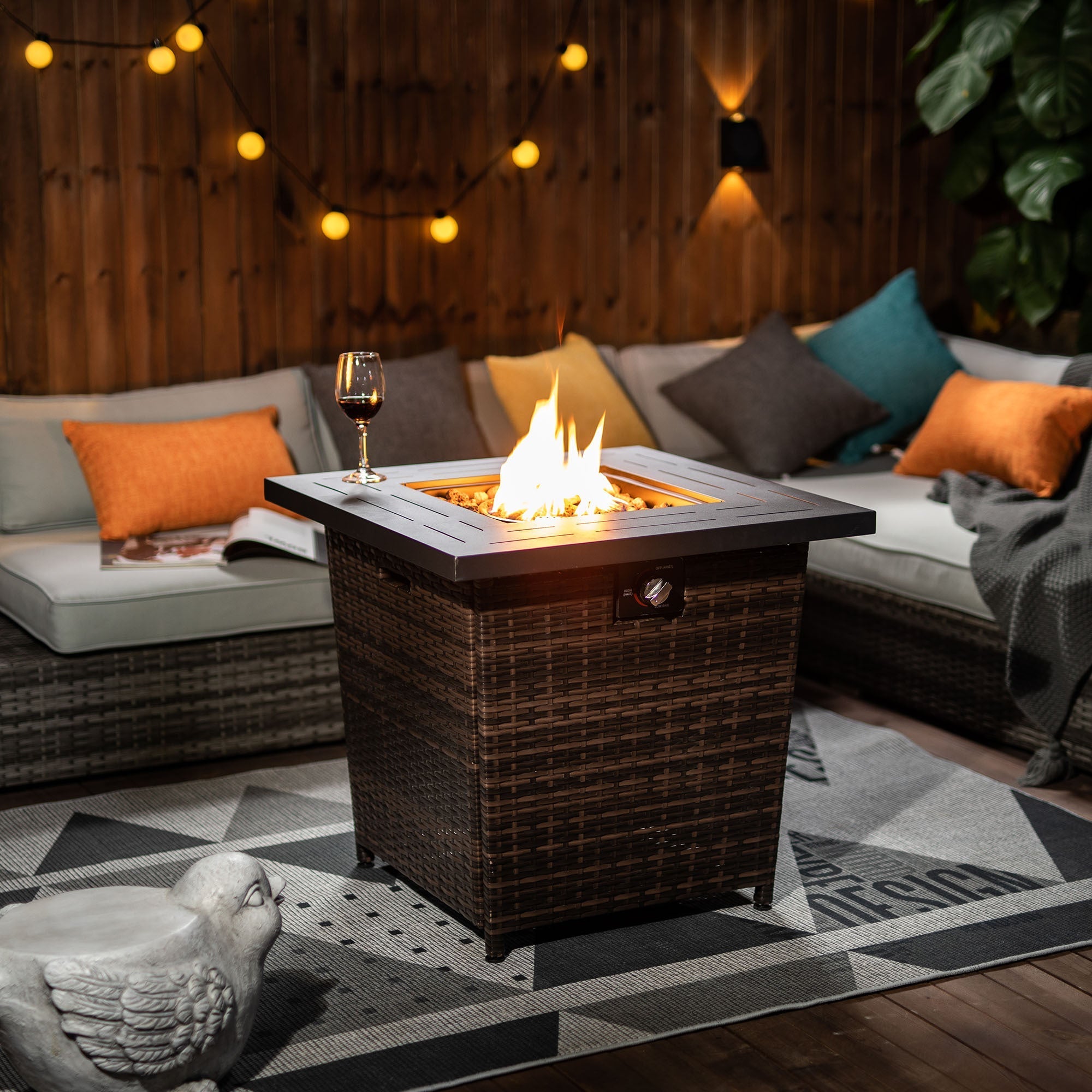 28-Inch Black Wicker Outdoor Propane Gas Fire Pit Table with Steel Top and 50,000 BTU Heat Output