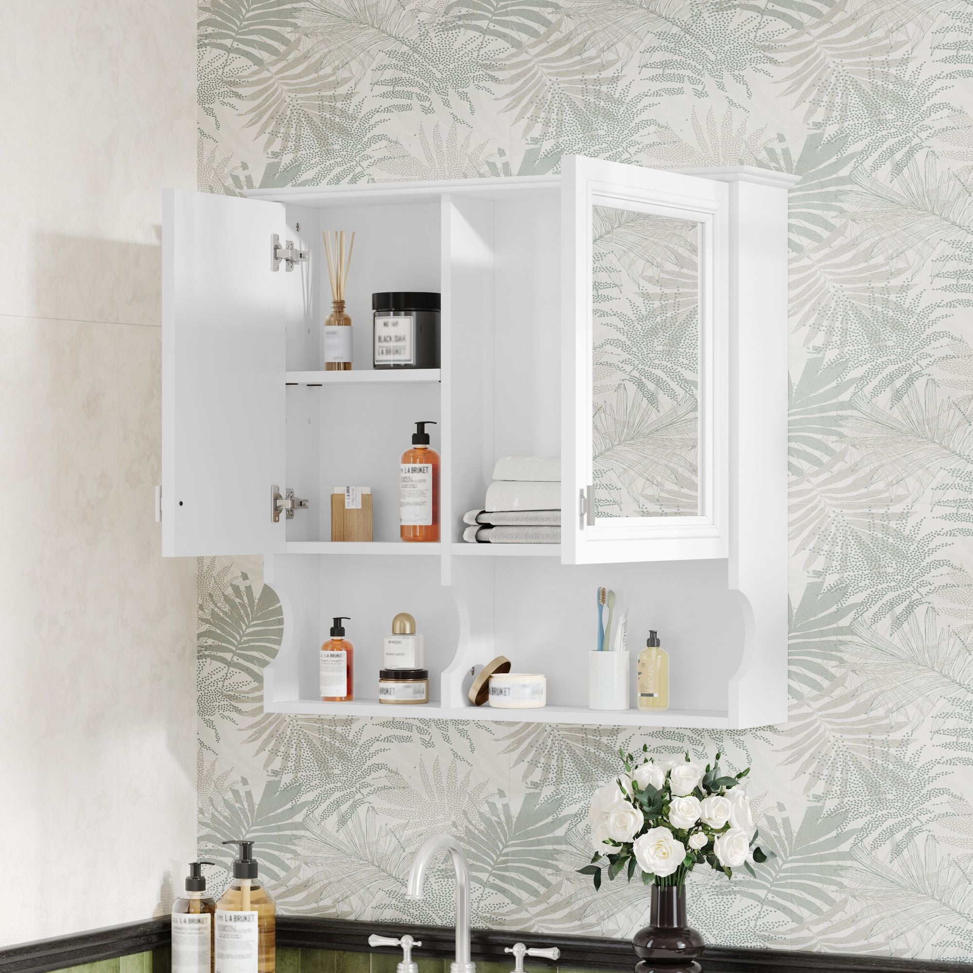 Wall Mounted Mirror Medicine Cabinet, Bathroom Storage With Doors And Open Shelves