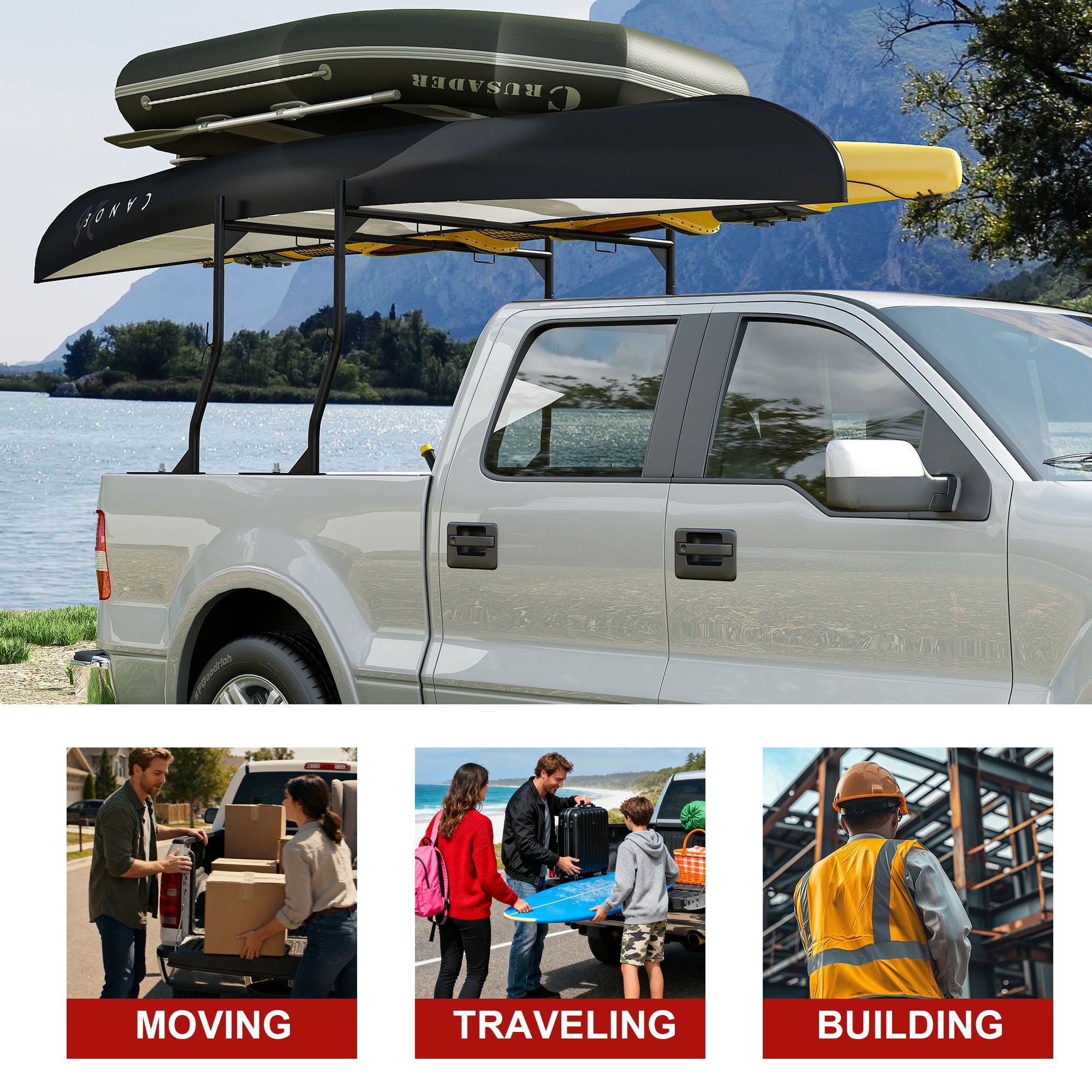 Heavy Duty Universal Truck Bed Ladder Rack, No-Drill Installation, Adjustable - Black