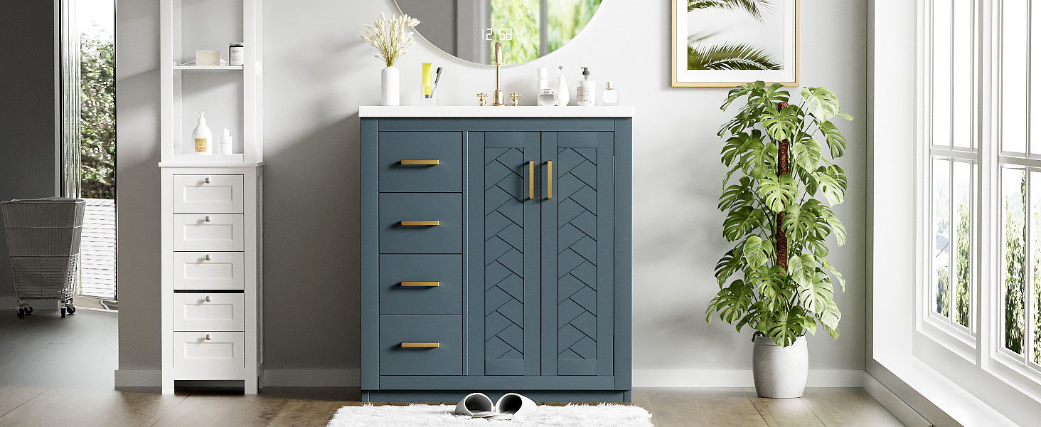 Ceramic Sink Combo, Freestanding Vanity Set With 3 Drawers & Soft Closing Doors