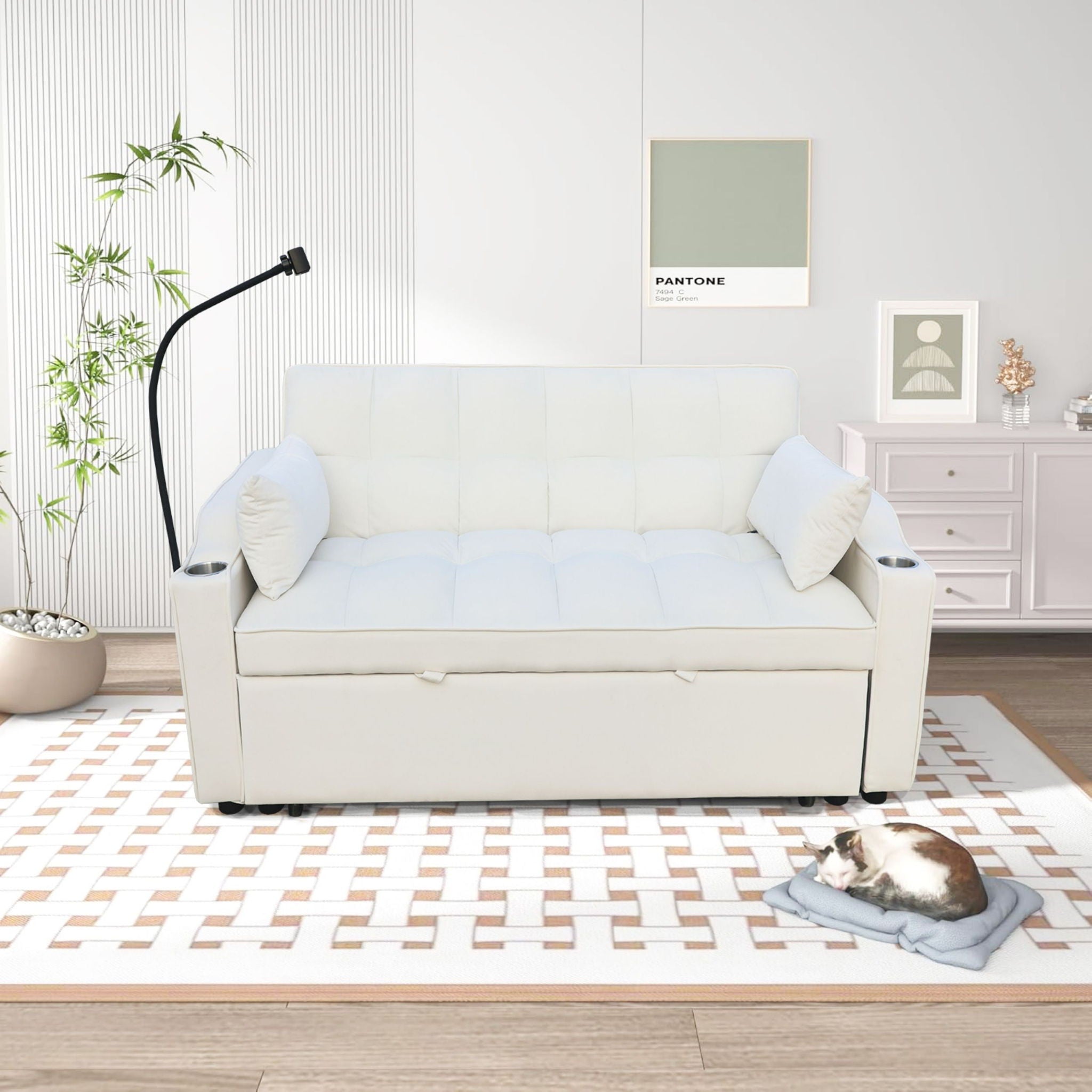 Modern Velvet Loveseat With Pullout Bed, Adjustable Reclining Backrest