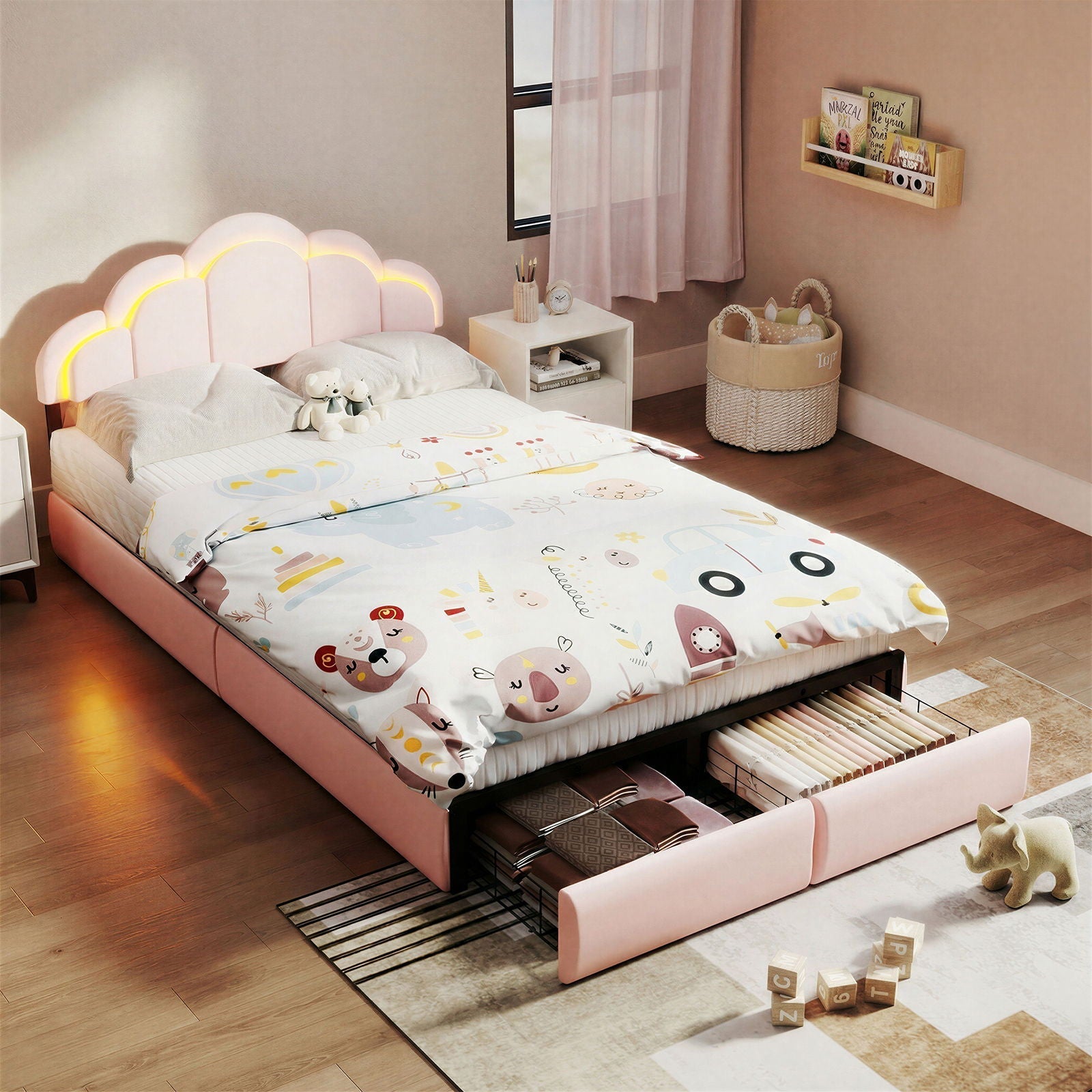 Full RGB LED Upholstered Platform Bed With Petal Headboard And Storage Drawers For Kids Bedroom - Pink