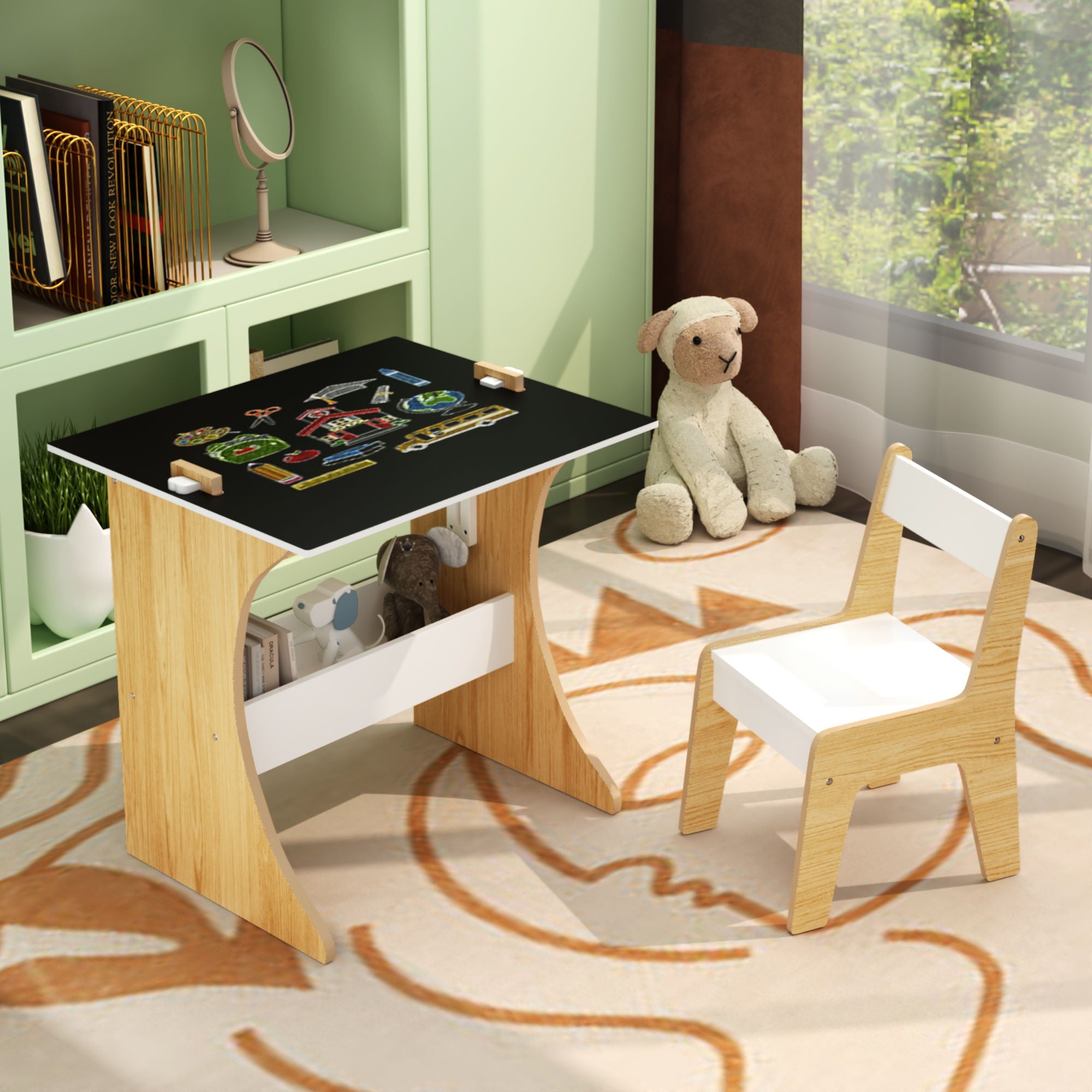 Table Set With 1 Chair, Multifunctional Study Table Convertible Top For Study Drawing & Play - White