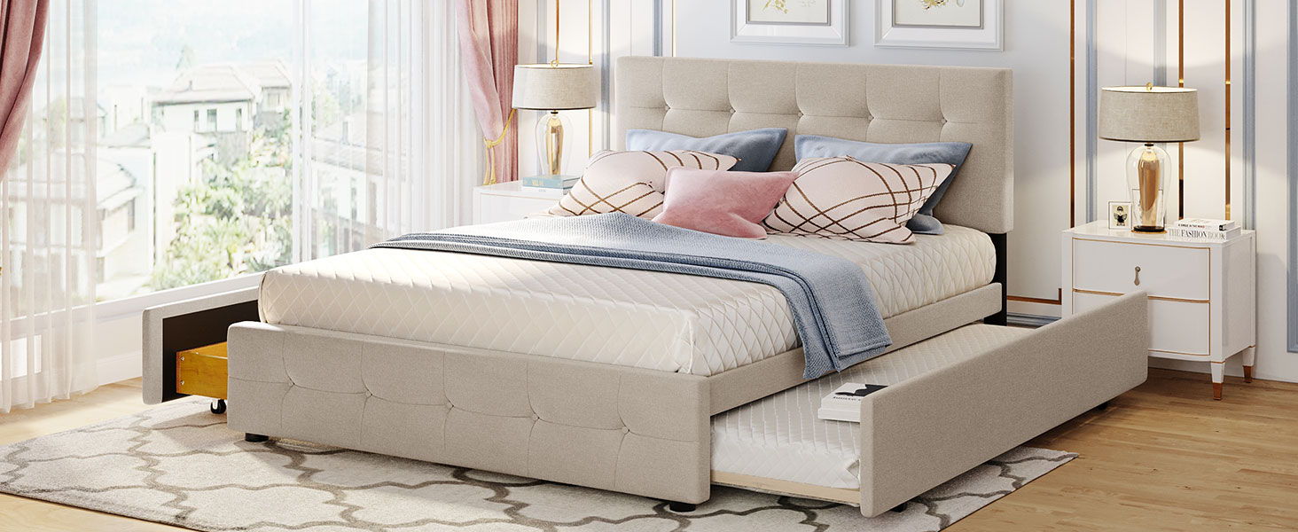 Upholstered Platform Bed With Classic Headboard And Drawers, No Box Spring Needed