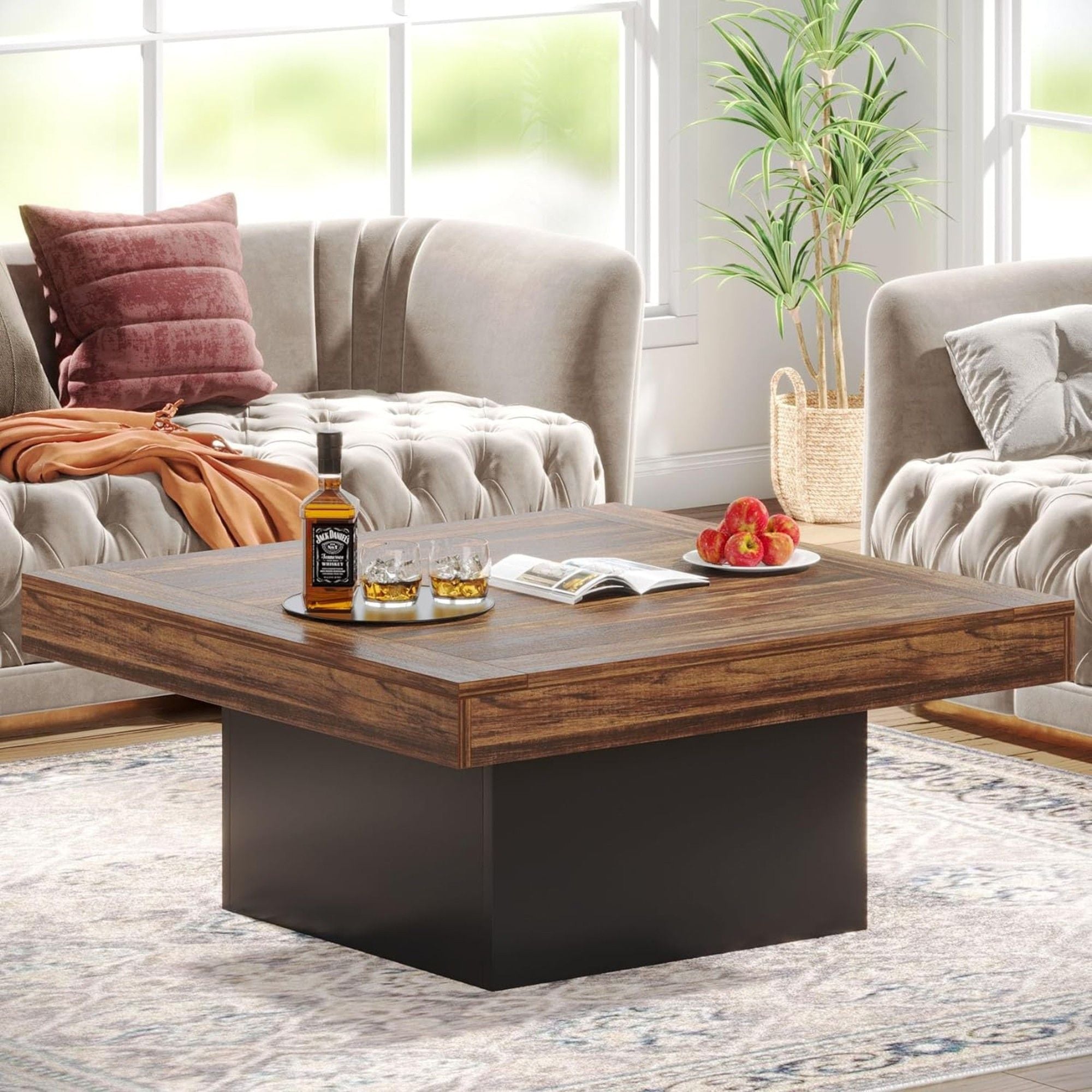 LED Coffee Table With Base, Center Table For Living Room - Rustic Brown