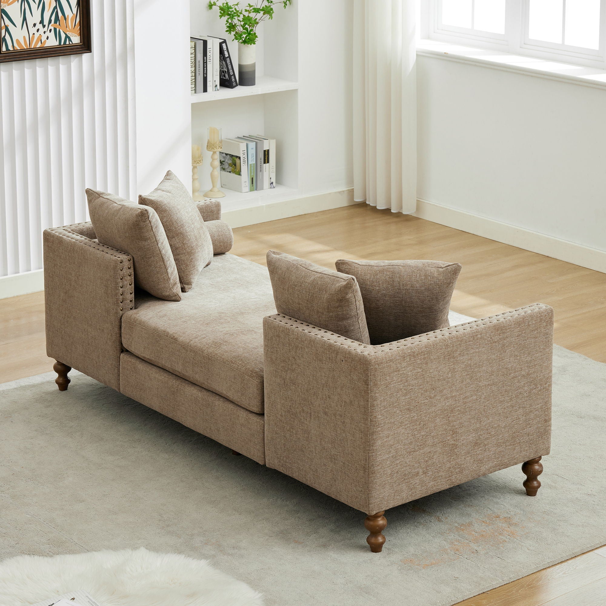 Upholstered Chaise Lounge Indoor With Nailheads, Sleeper Sofa Couch With 4 Throw Pillows & 2 Bolsters, Daybed With Rubberwood Legs