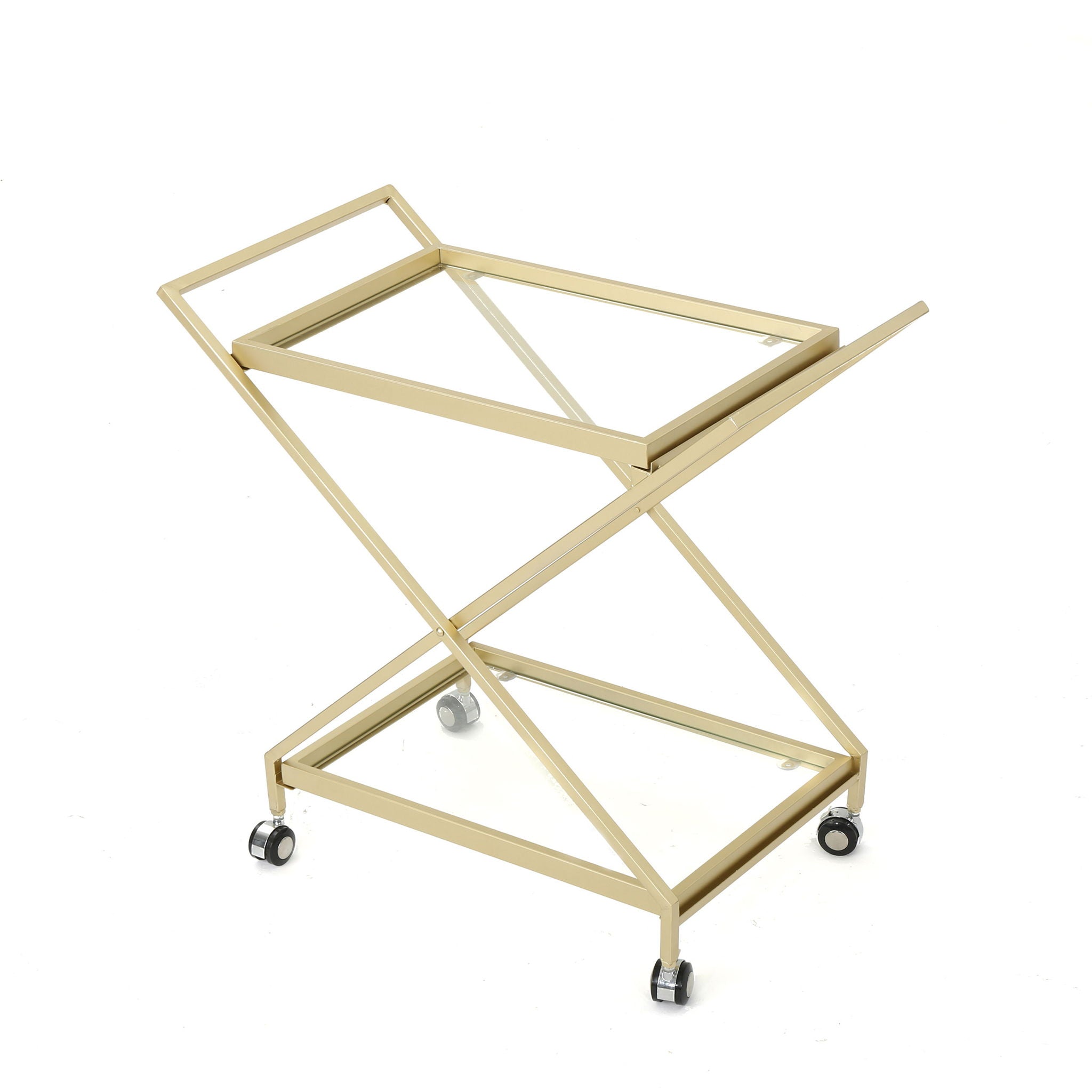 Sherianne Industrial Bar Cart with Tempered Glass Shelves and Swivel Wheels - Gold