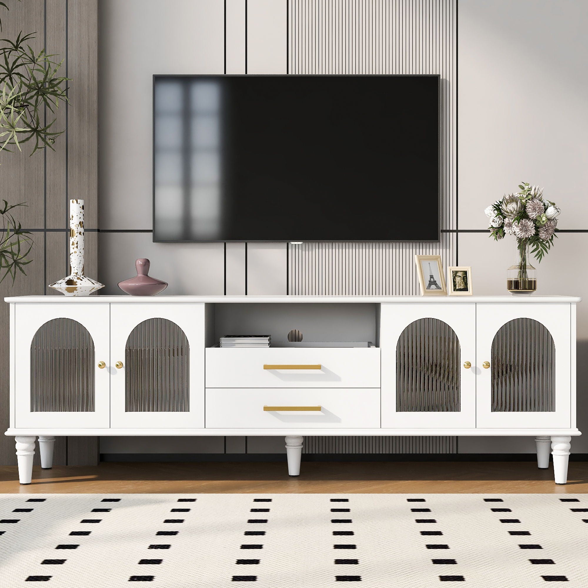 Retro TV Stand With Fluted Glass Doors