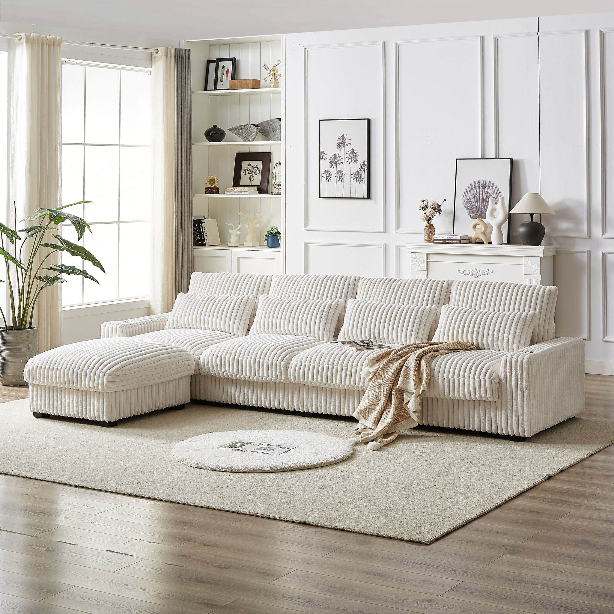 Corduroy With Cup Holder Super Large L Shaped Sofa, Movable Footrest, 4 Waist Pillows And 4 Back Cushion, With USB Port And Type - C Port - Beige