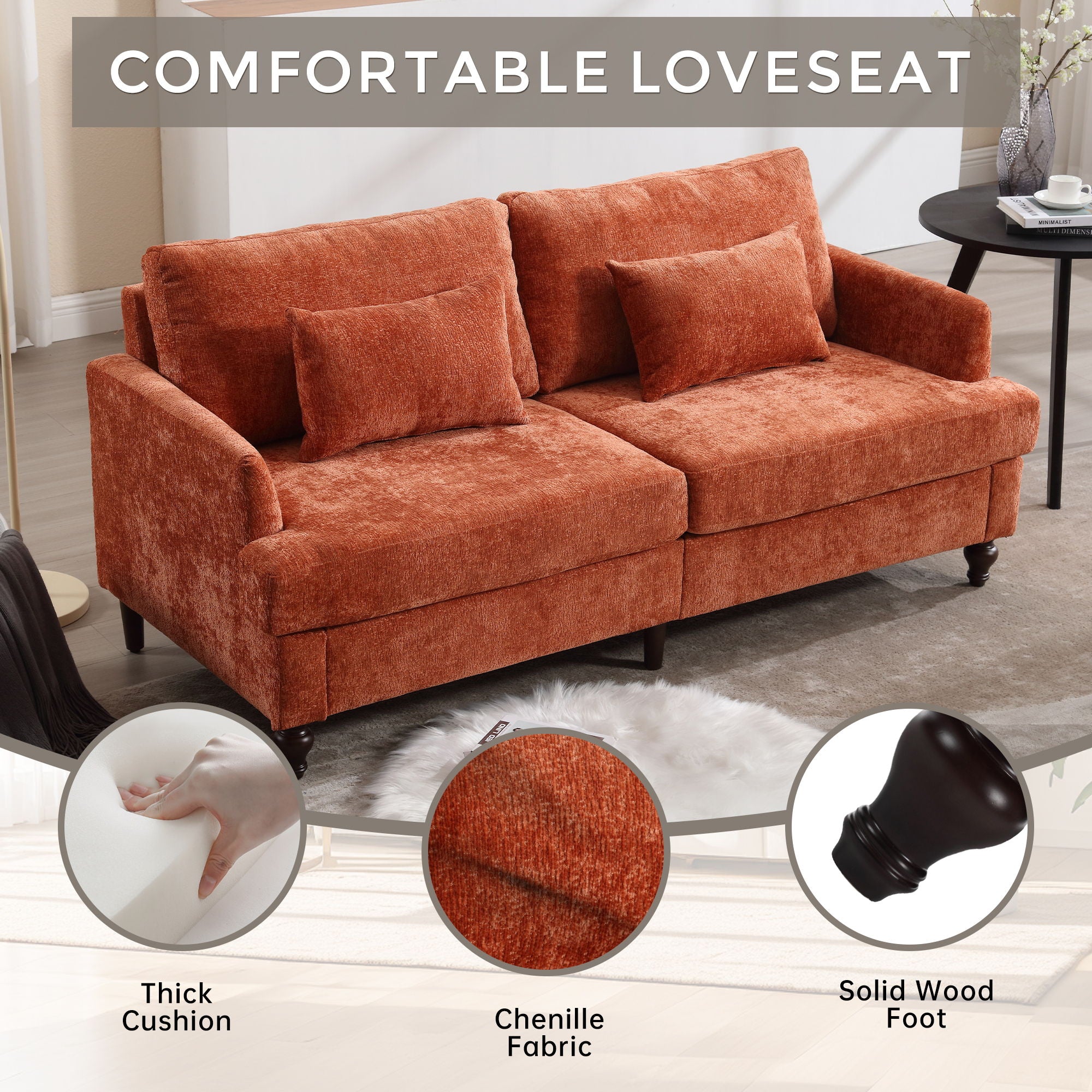 Mid Century Modern Chenille Fabric Loveseat Sofa, 2 Seat Upholstered Couch