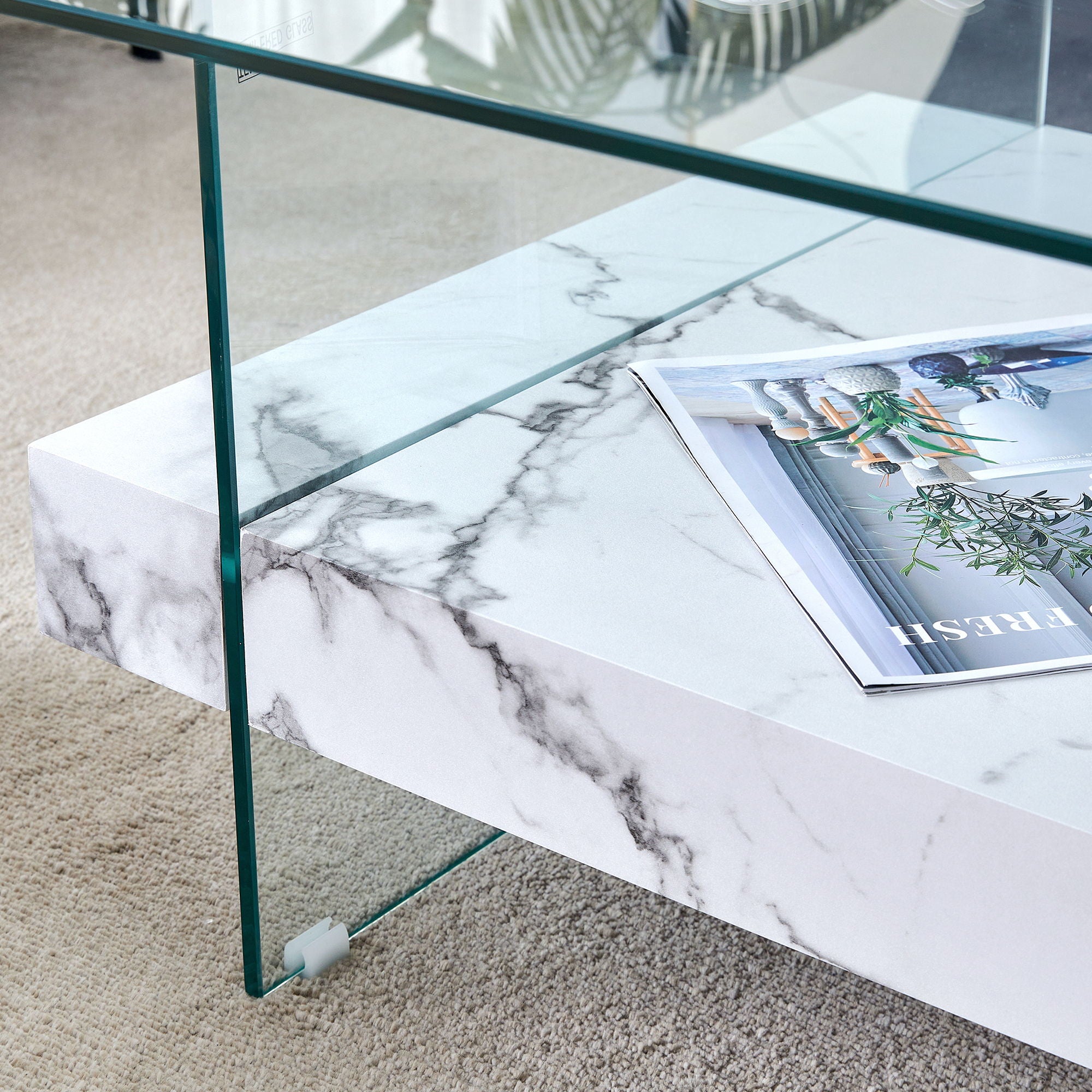 Modern 2 Tier Square Coffee Table, Elegant Marble Pattern