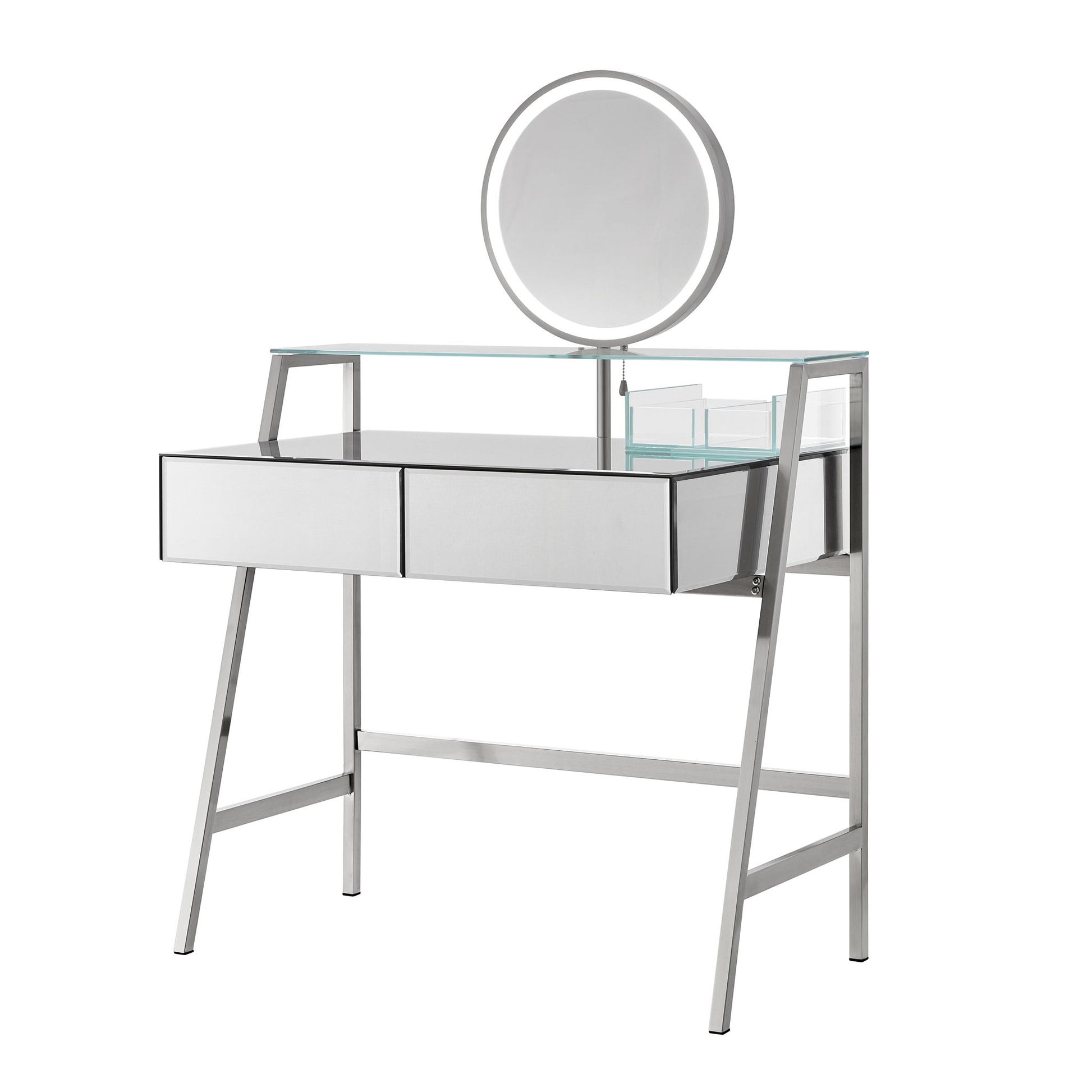 33.9" Mirrored Makeup Vanity Desk With Mirror And Lights, Mirrored Console Vanity Table With 2 Big Drawers & Open Shelf, Dressing Table With Charging Station For Bedroom - Silver - Best Buy Furniture