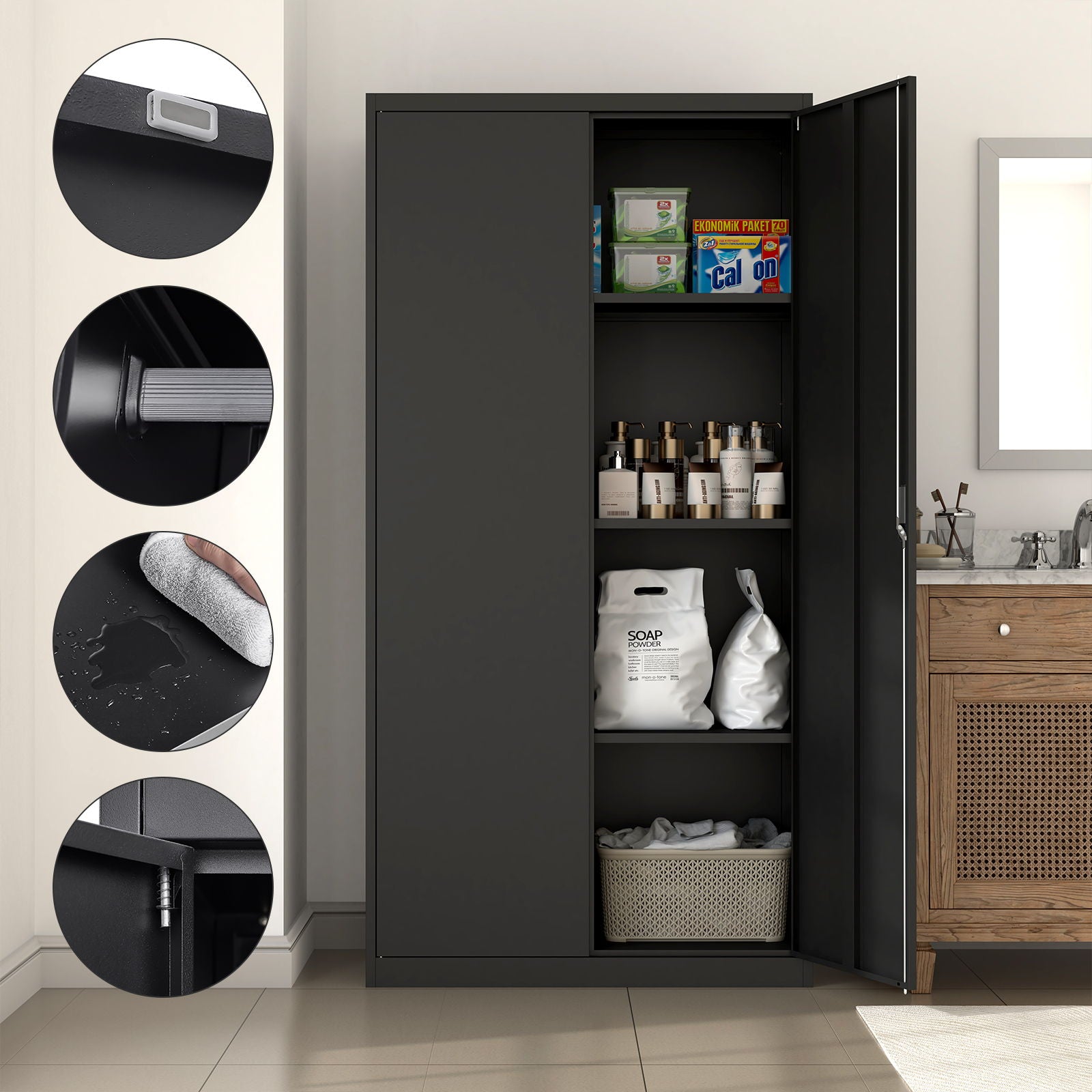 Metal Wardrobe Cabinet With Hanging Rod And Lock Adjustable Shelves Clothing Locker Storage - Black