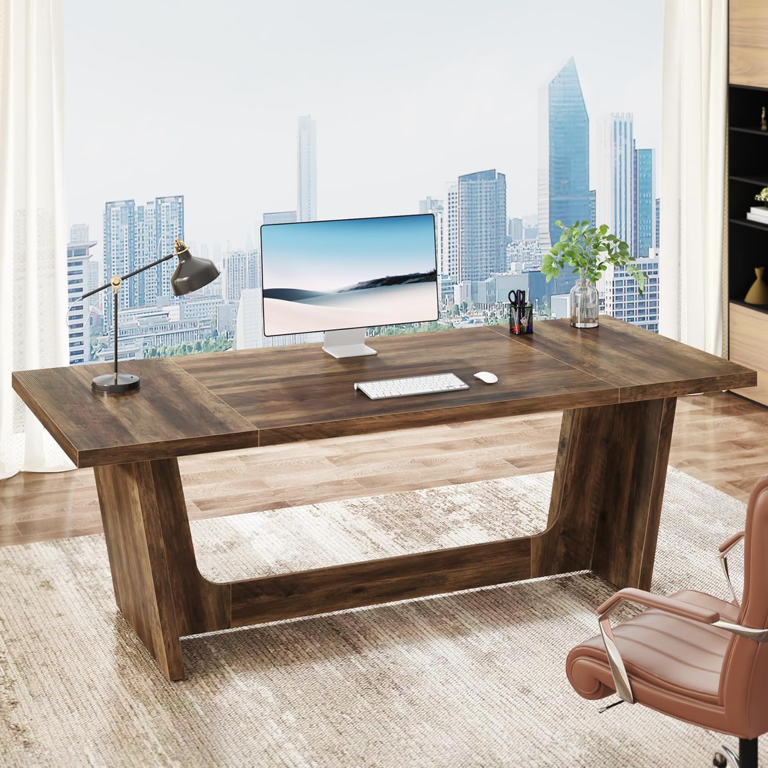 Executive Desk For Home Office, Computer Table With Pedestal, Large Writing Workstation - Brown