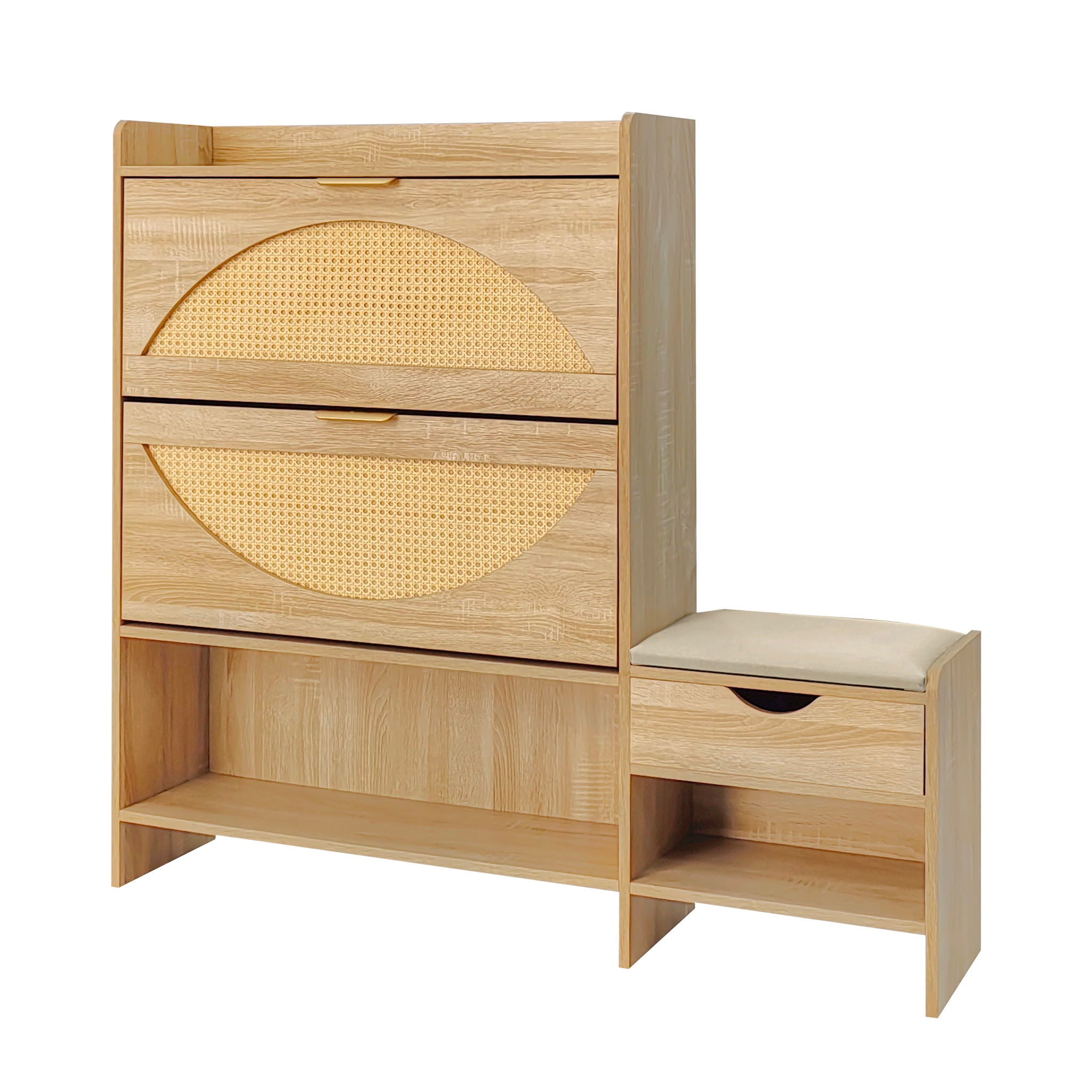 Shoe Storage Cabinet Rattan Shoe Storage Organizer With 2 Flip Drawers, A Storage Drawer And A Bench For Entryway, And Hallway - Light Brown
