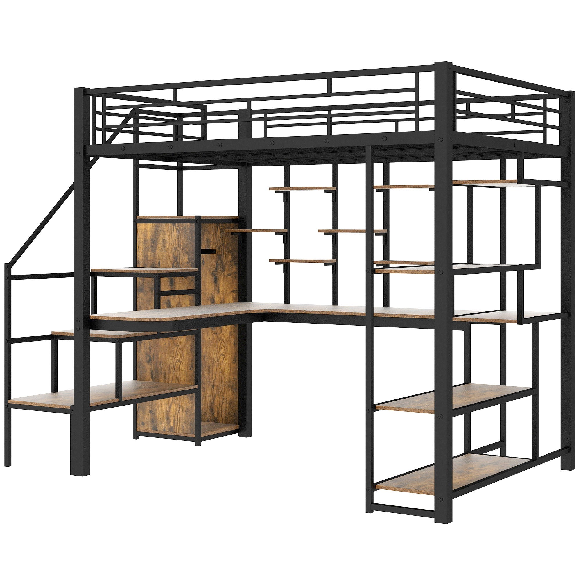 Loft Bed With Storage Staircase And Small Wardrobe, Built - In Desk And Storage Shelves