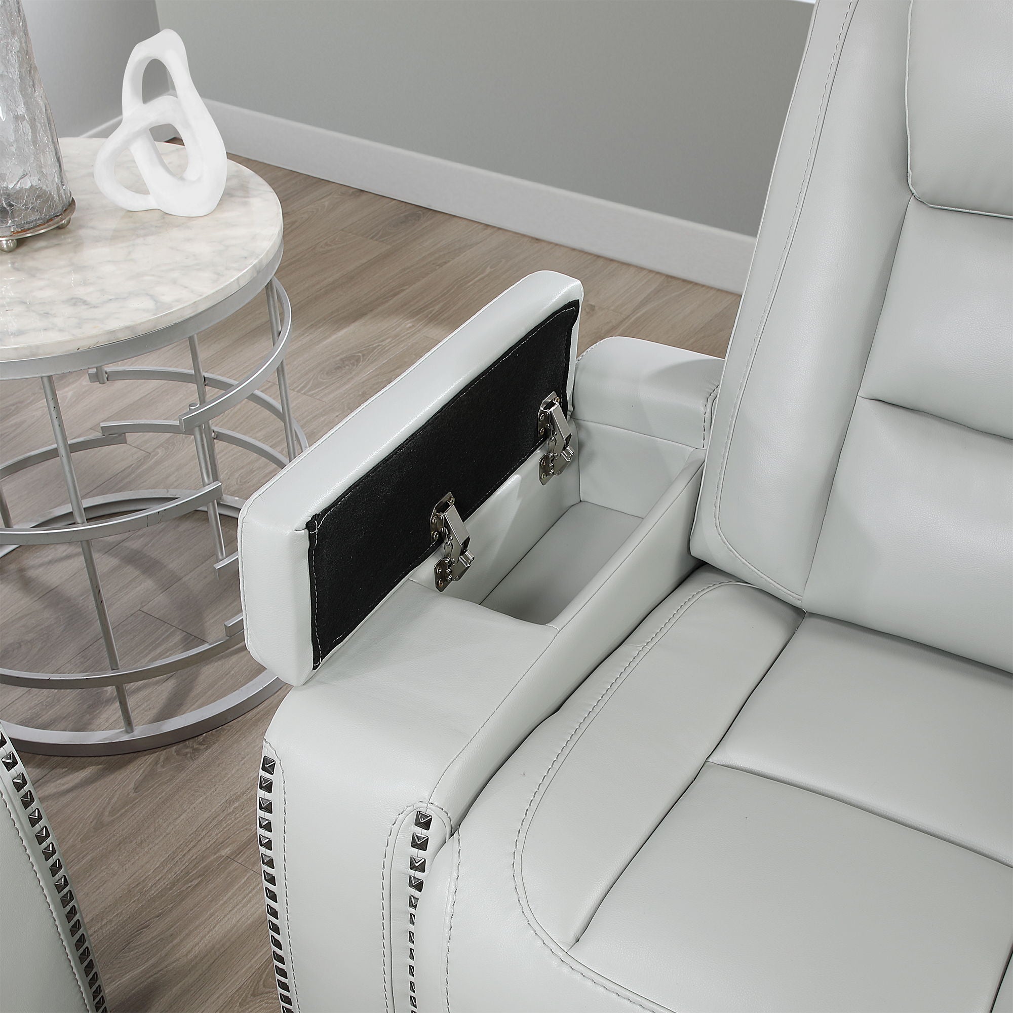 Power Sofa With USB LED Headrest, Bookshelf Arms, And Storage - Grey