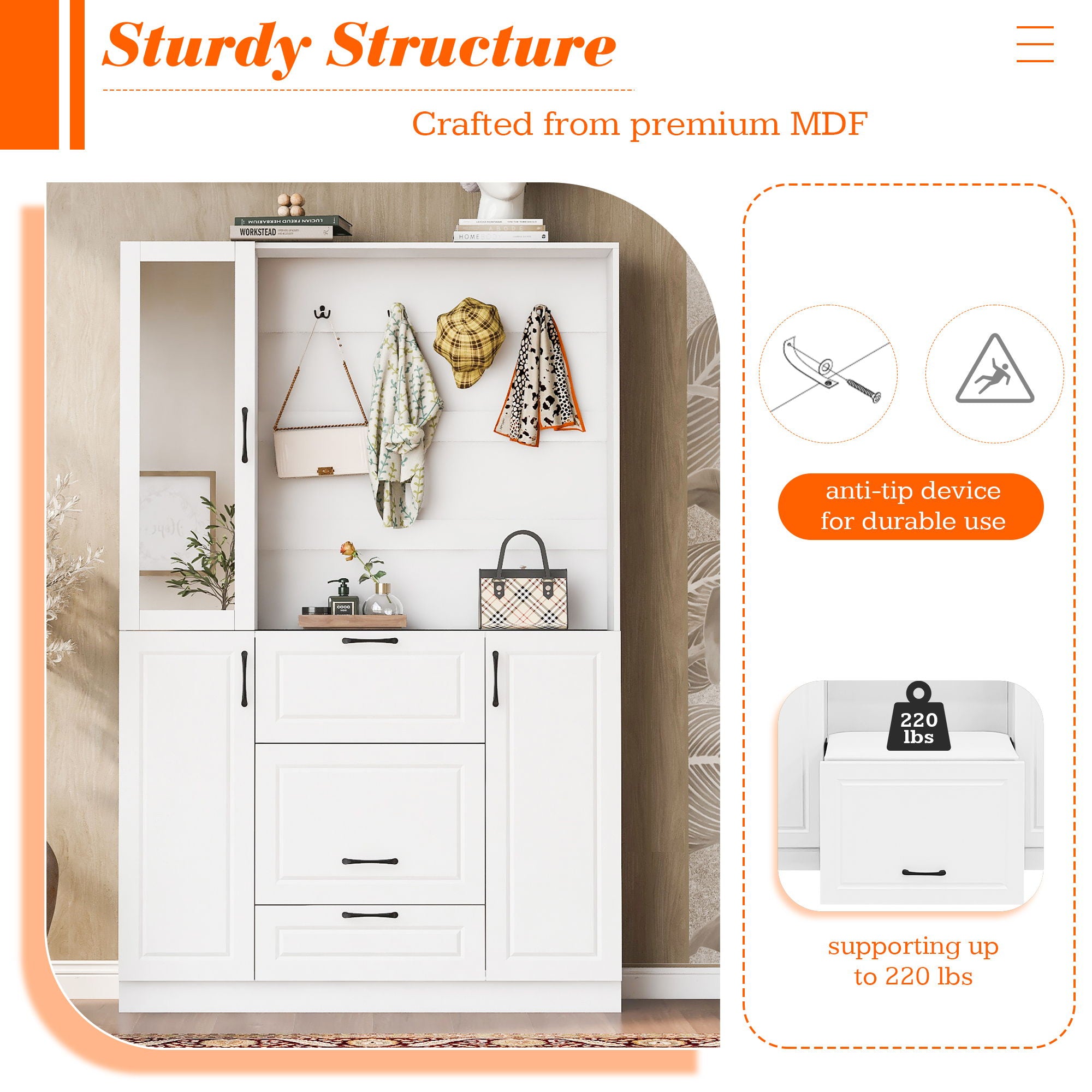 Entryway Bench With Integrated Shoe Cabinet, 3 In 1 Design And Mirrored Cabinet Door, Hall Tree With 4 Sturdy Hooks And Foldable Seat For Entrance, Living Room - White