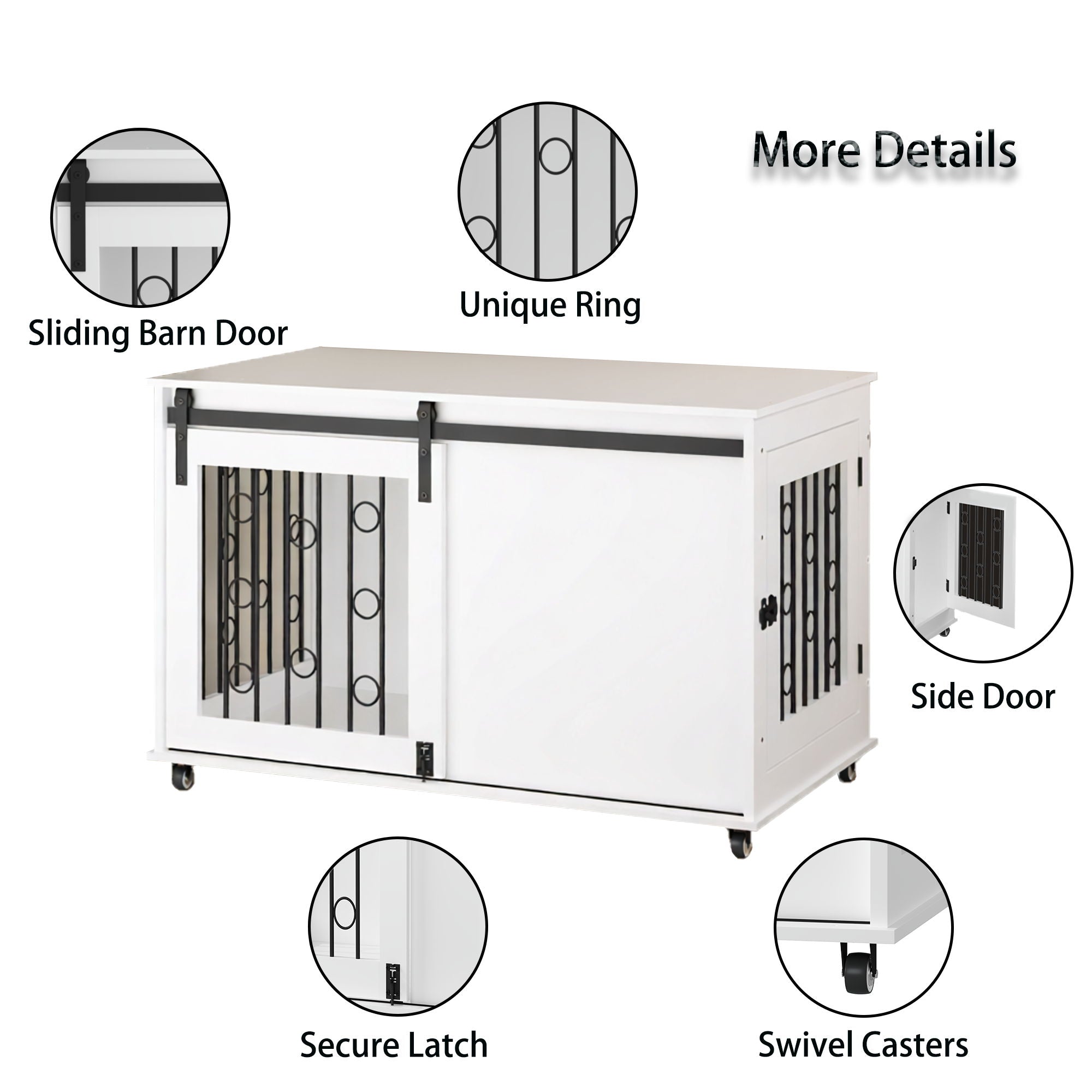 Dog Crate With Sliding Barn Door And Side Access, Lockable Wheels For Small To Medium Dogs - White