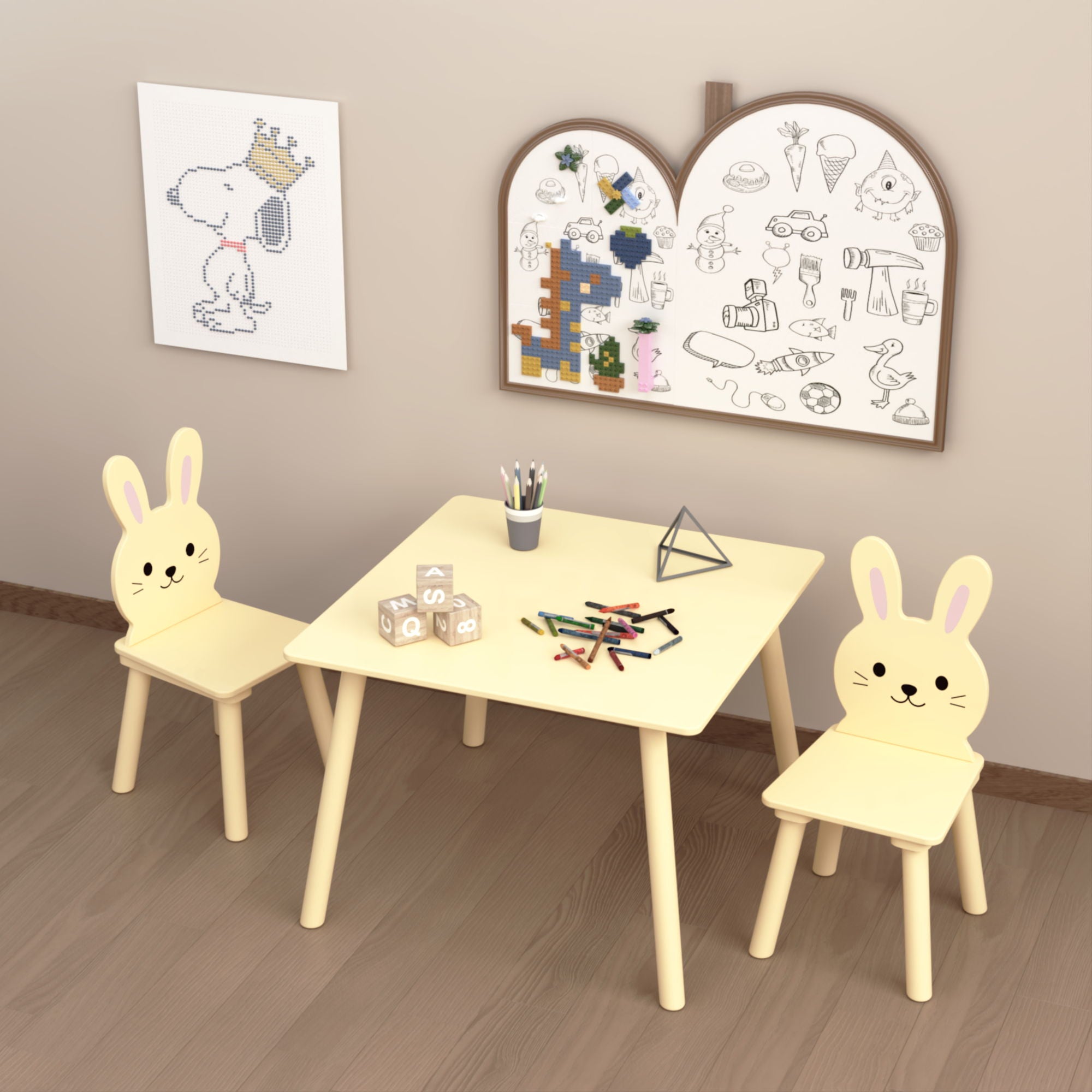 Table And Chair Set With 2 Bunny Chairs, Children's Activity Table For Toddlers, Cute Animal Design - Yellow