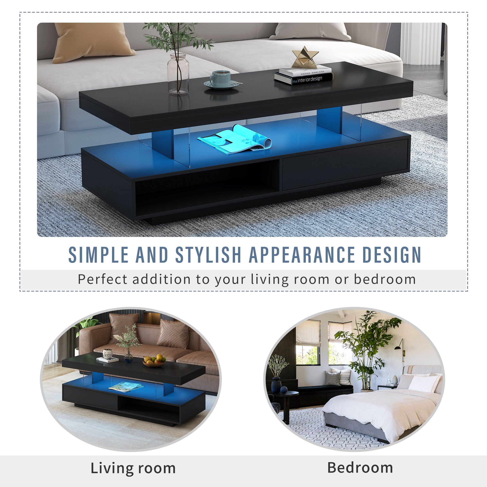 LED Coffee Table With 2 Drawers And Display Shelves