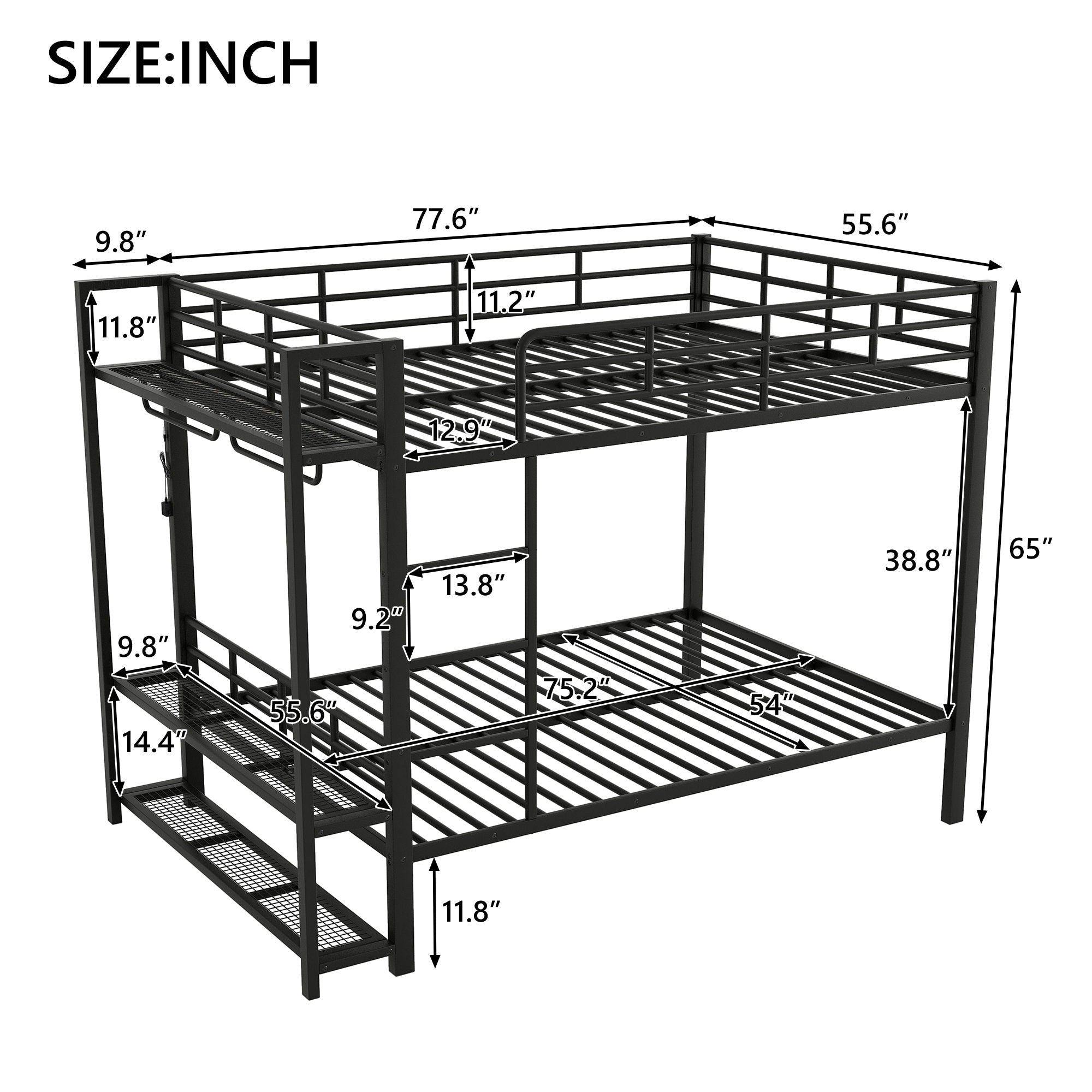 Bunk Bed With Storage Mesh Shelves, Clothes Hooks, LED Light