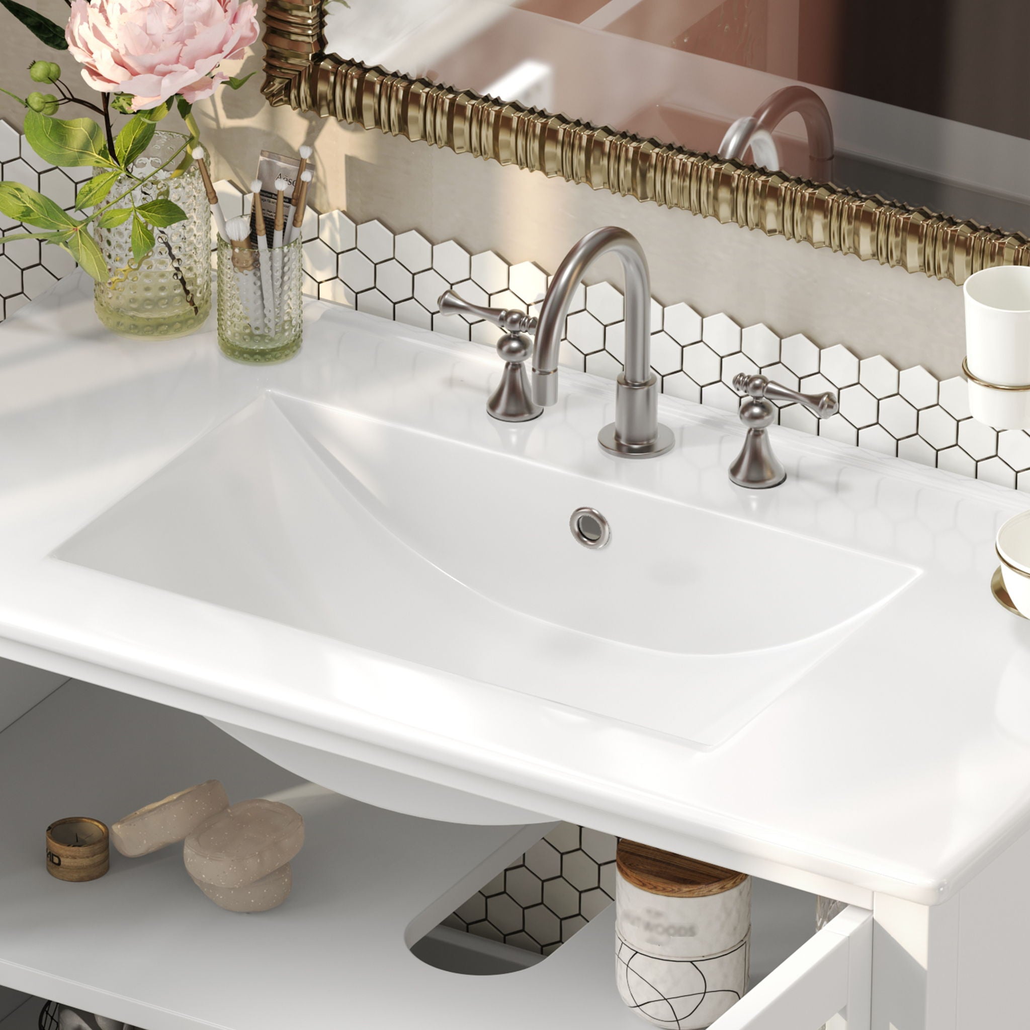 Bathroom Vanity With Ceramic Sink, Adjustable & Open Shelf