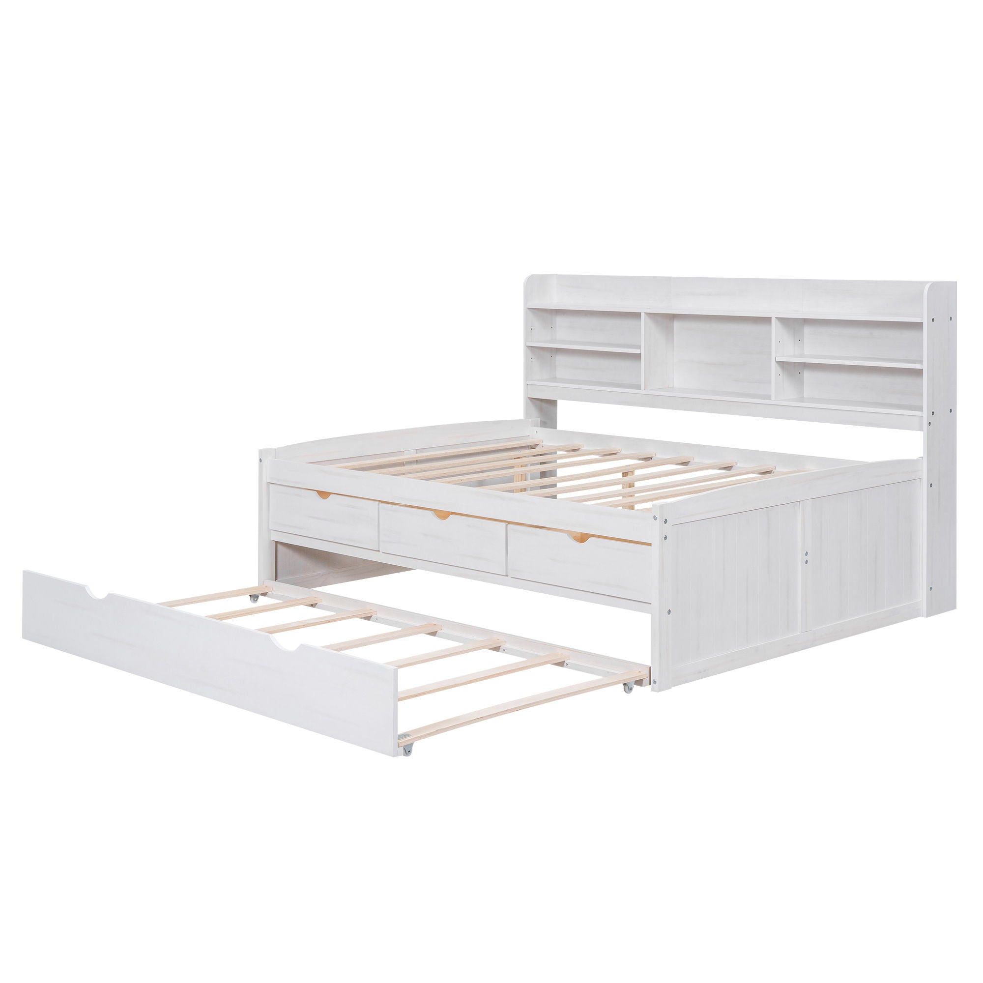 Captain Bed With Built In Bookshelves, 3 Storage Drawers, And Trundle