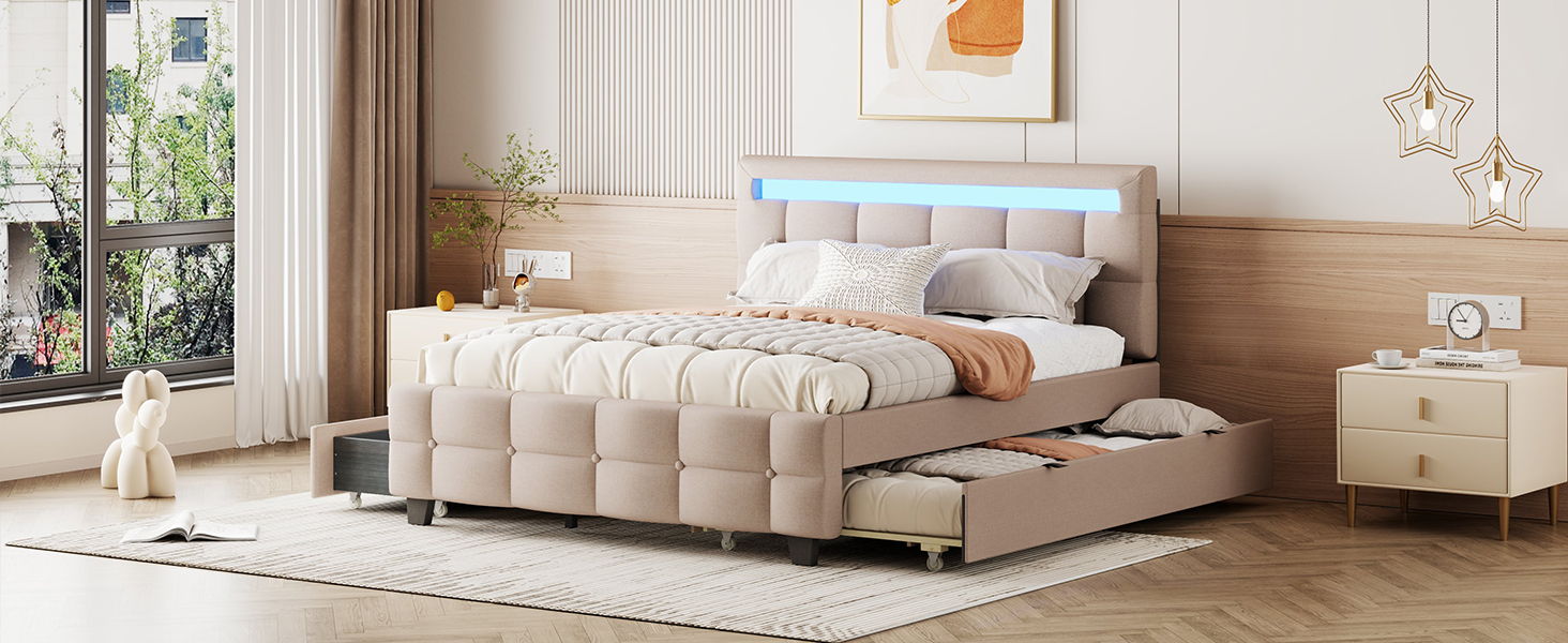 Upholstered Platform Bed With LED Frame, With Trundle And 2 Drawers