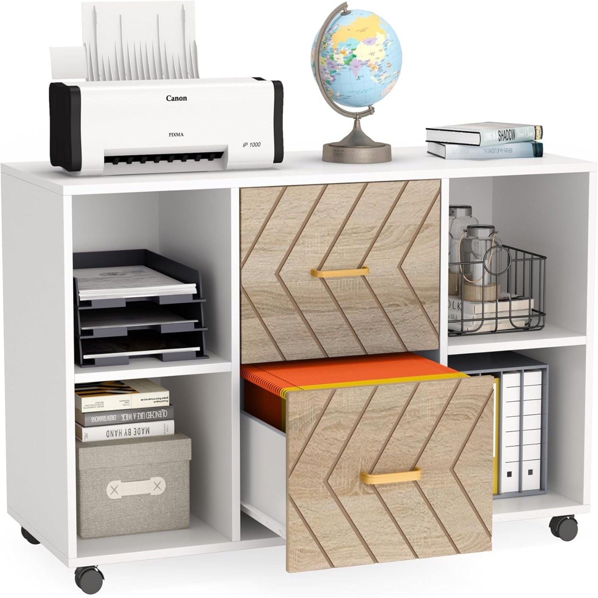 Large Mobile Lateral File Cabinet With 2 Drawers, Printer Stand & Storage Shelves, For Letter Size Files - White / Oak
