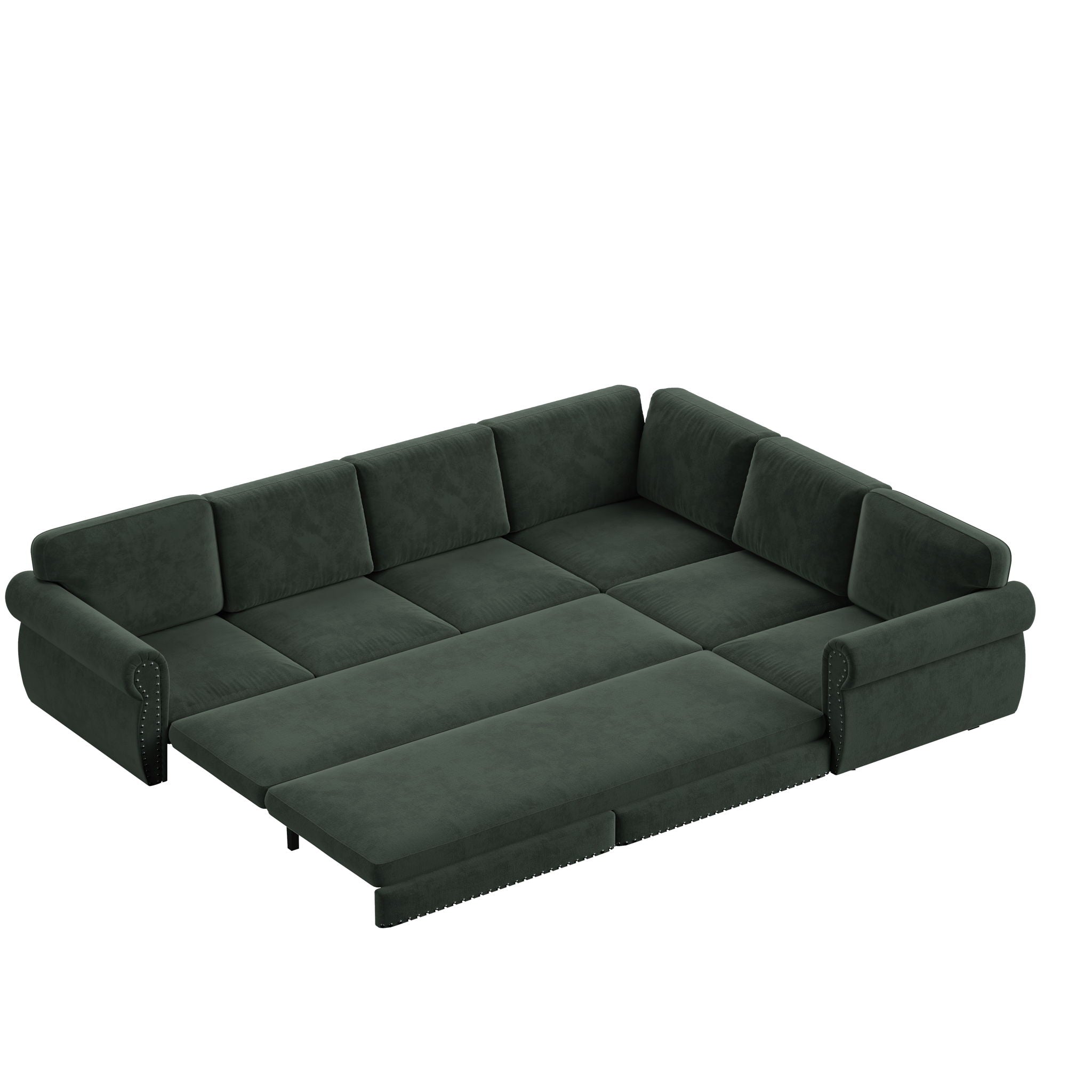 L-Shaped Sofa Couch With Pull Out Bed With Nailhead Trim & Rolled Arm, Sectional Couches, For Living Room - Green