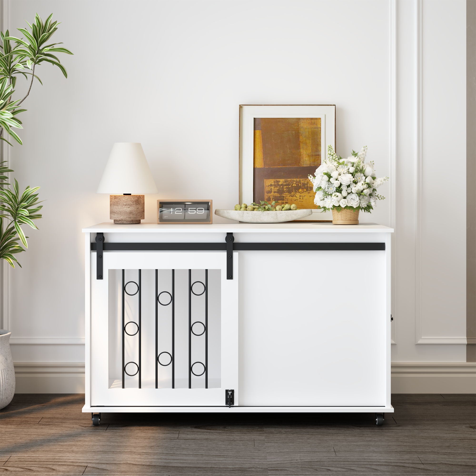 Dog Crate With Sliding Barn Door And Side Access, Lockable Wheels For Small To Medium Dogs - White