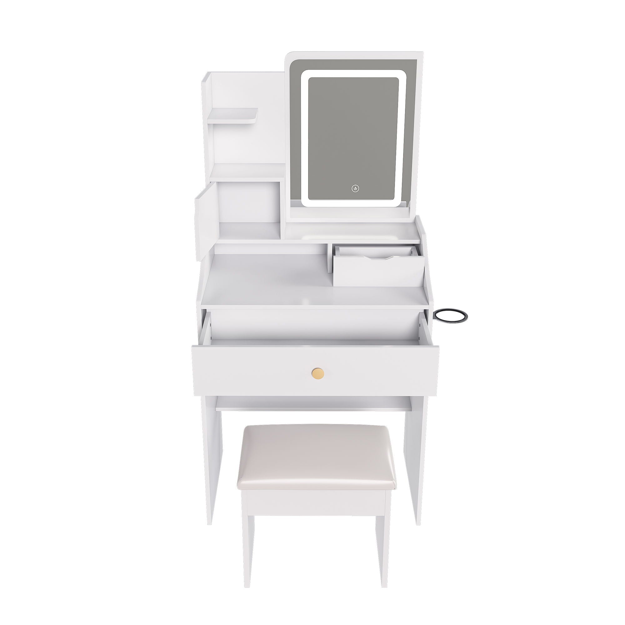 3 Color LED Vanity Mirror With Stool, 2 Drawers & 5 Storage Cabinets, Adjustable Lighting - White