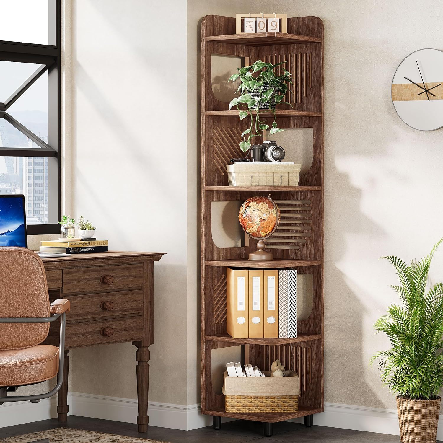 6 Tier Narrow Corner Bookshelf Storage For Living Room - Brown