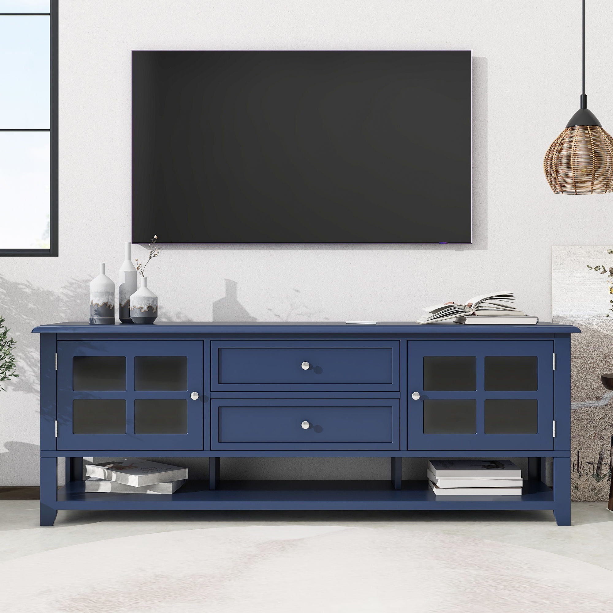 TV Stand, Entertainment Center With Dual Drawers And Hidden Storage, Cabinet With Soft Closing Doors And Sleek Panel Design