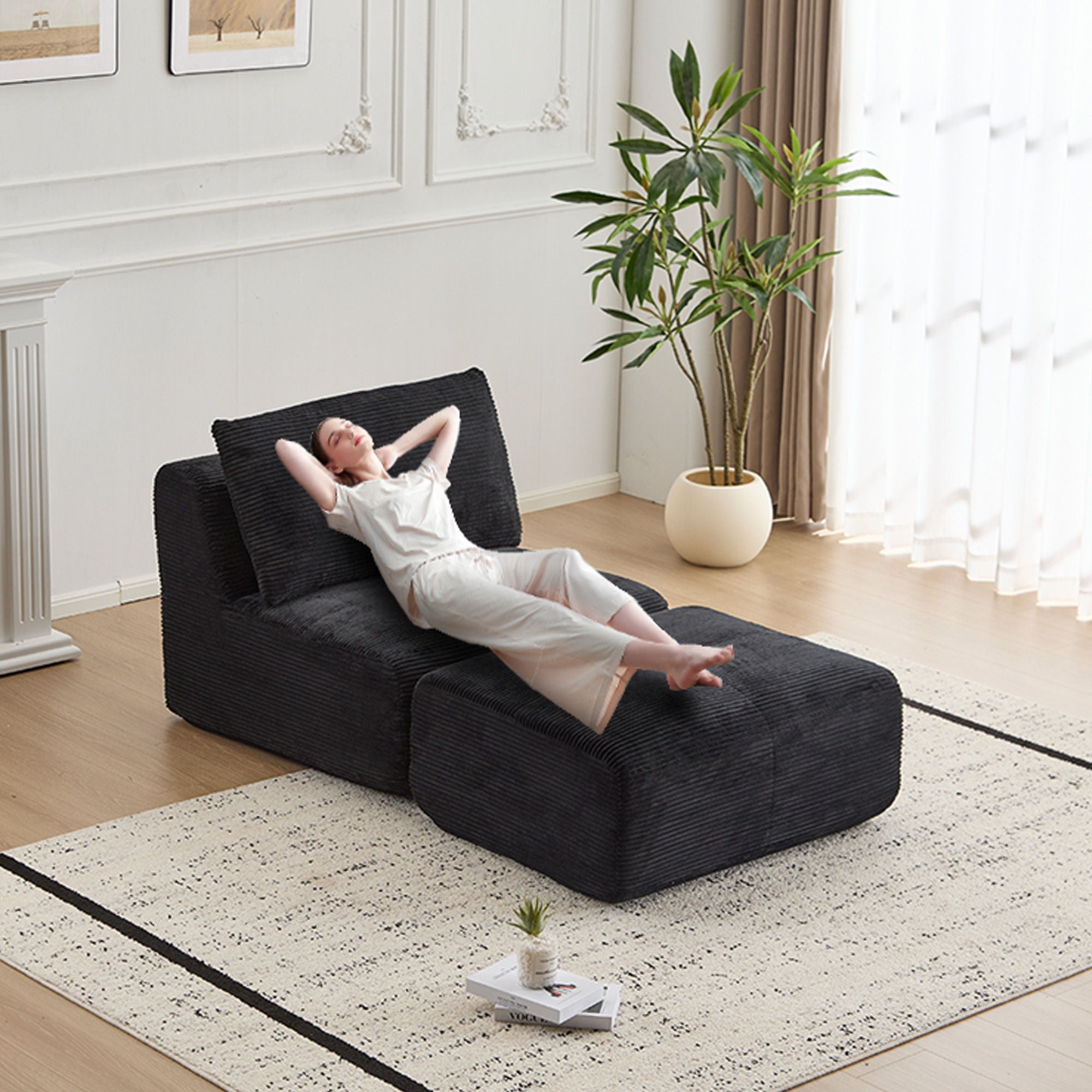 Compressed Sofa, Single Chaise Longue, Movable Ottoman For Living Room - Black