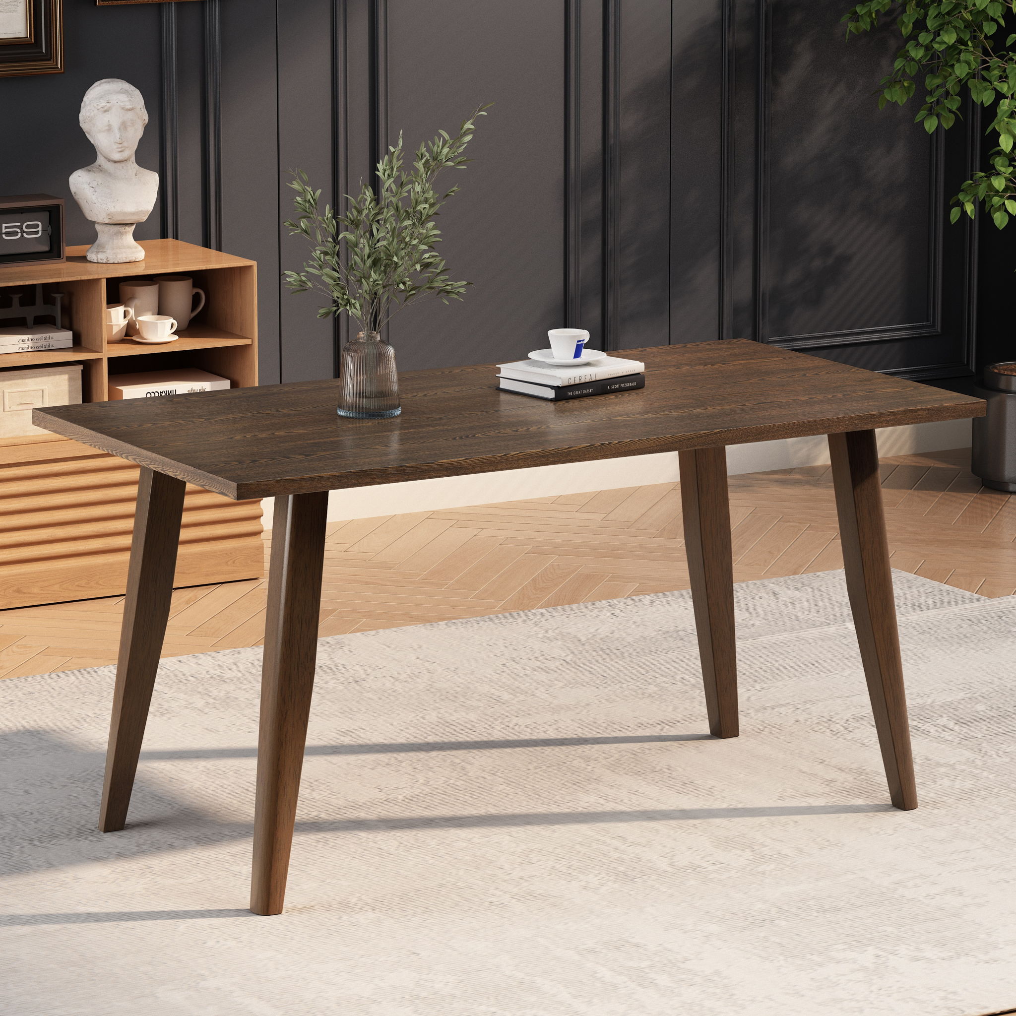 Mid Century Wood Dining Table With Rubberwood Legs And Faux Wood Tabletop - Brown