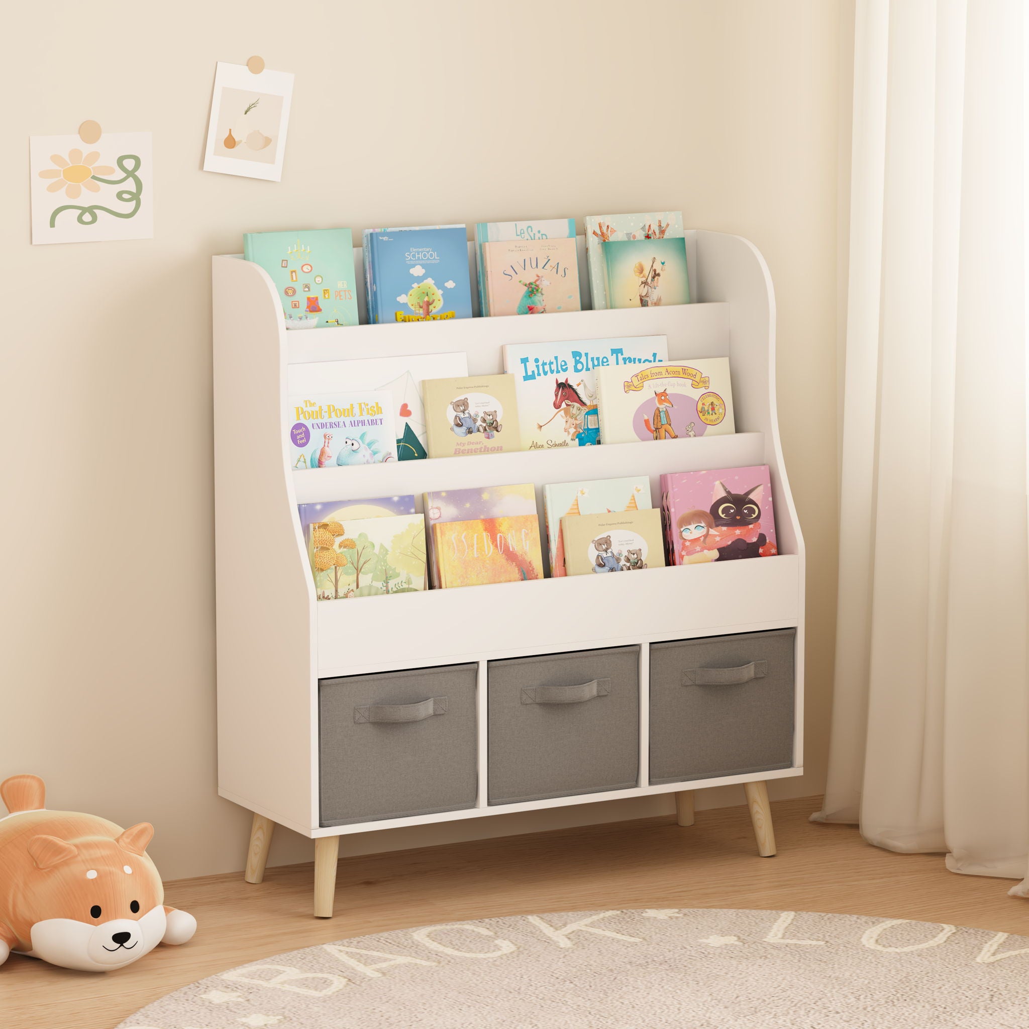 Bookshelf With 3 Storage Bins, Book Display Organizer, Front Facing Book Rack - White