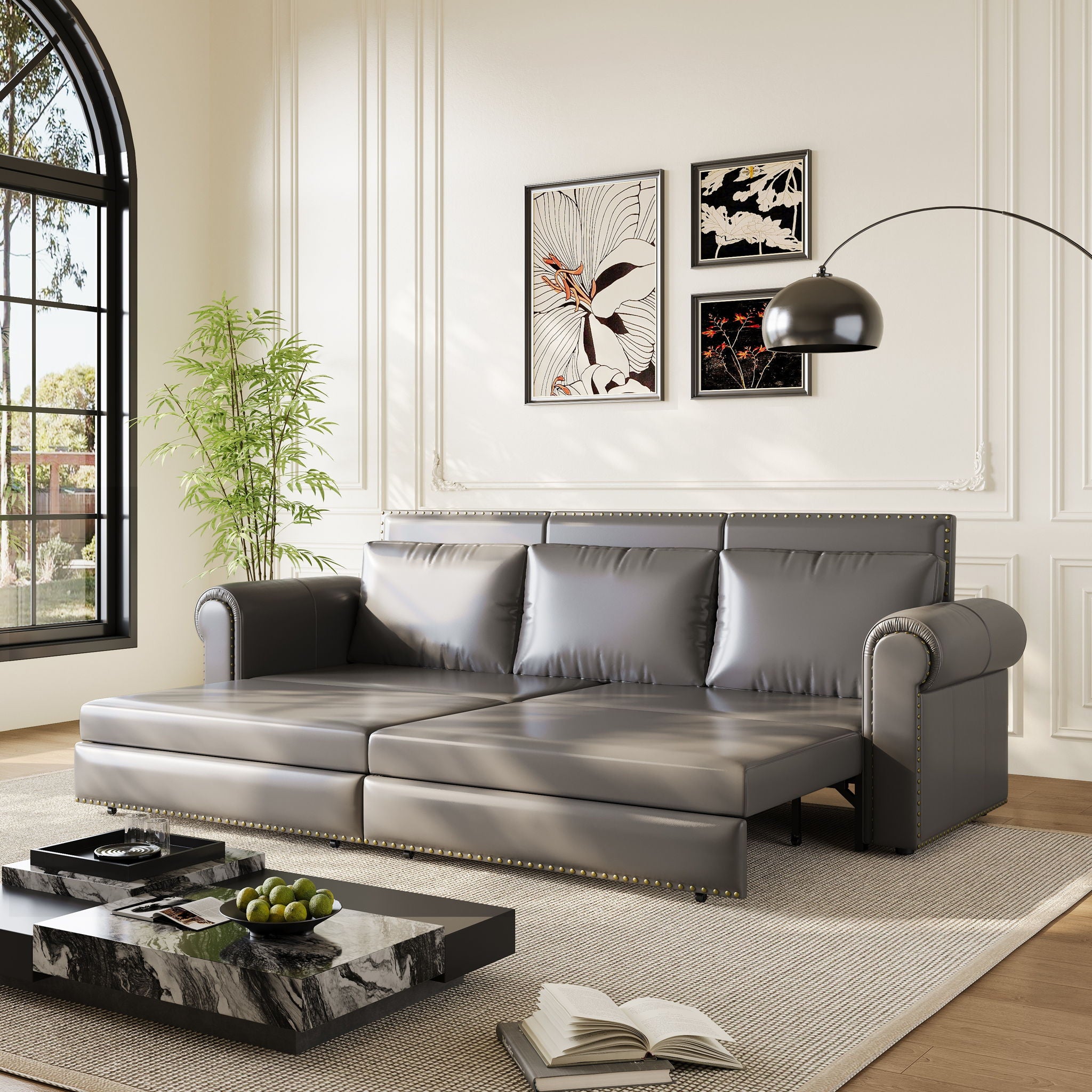 3 In 1 Convertible Sleeper Sofa With Nailhead Trim & Rolled Arm