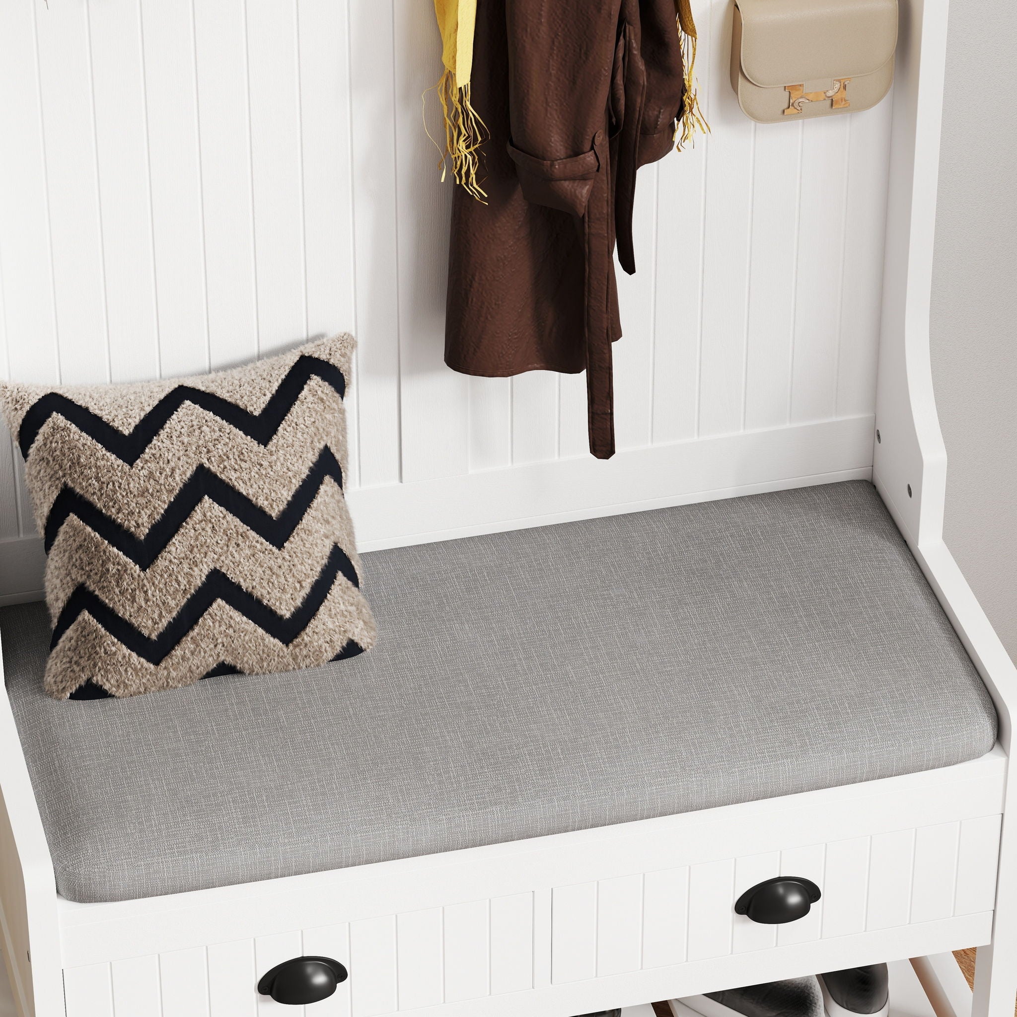 Modern 3 In 1 Hallway Hall Tree With Storage Drawers, Coat Rack, Shoe Rack Bench And Cushion