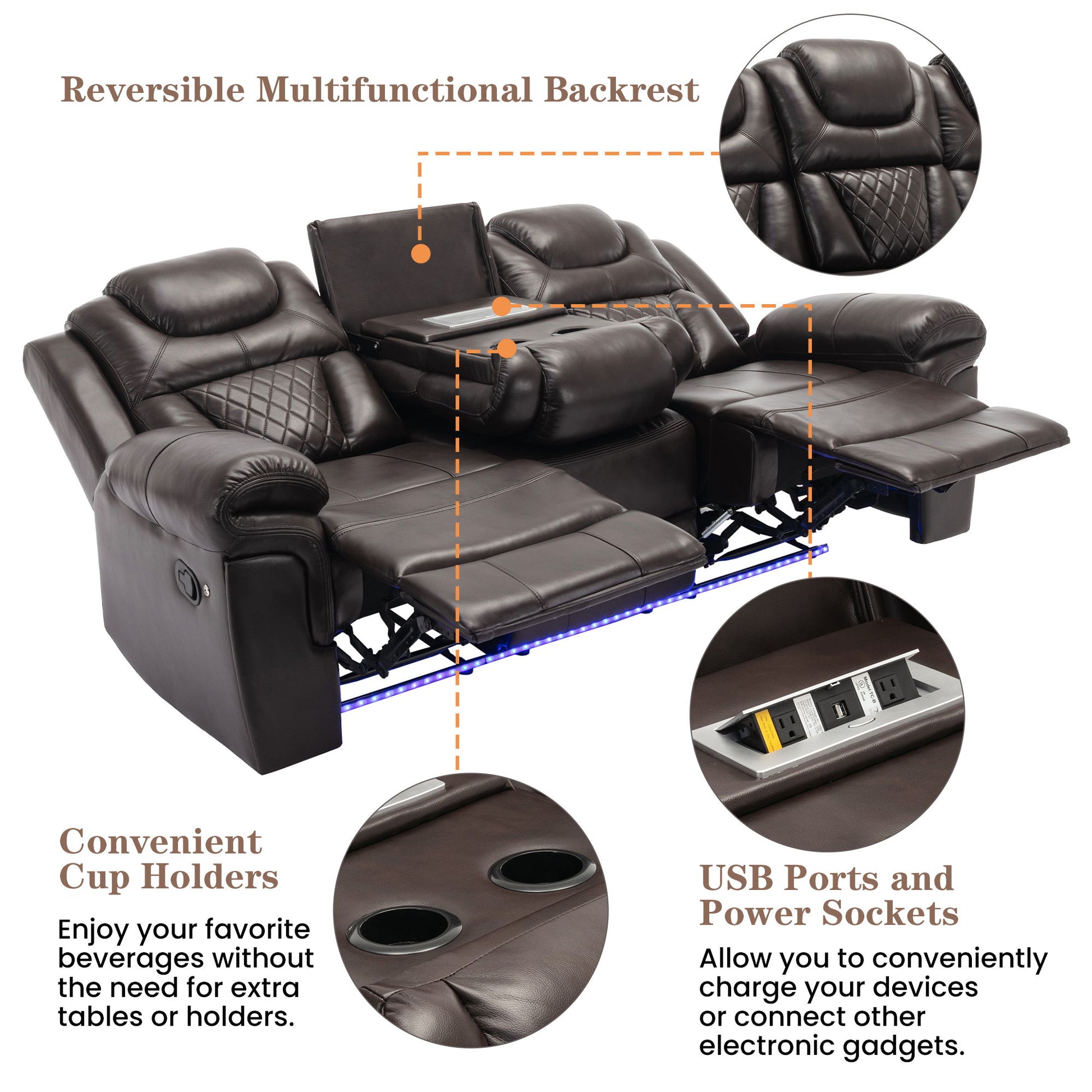 3 Pieces Recliner Sofa Sets Home Theater Seating Manual Recliner Chair With Center Console And LED Light Strip For Living Room - Best Buy Furniture