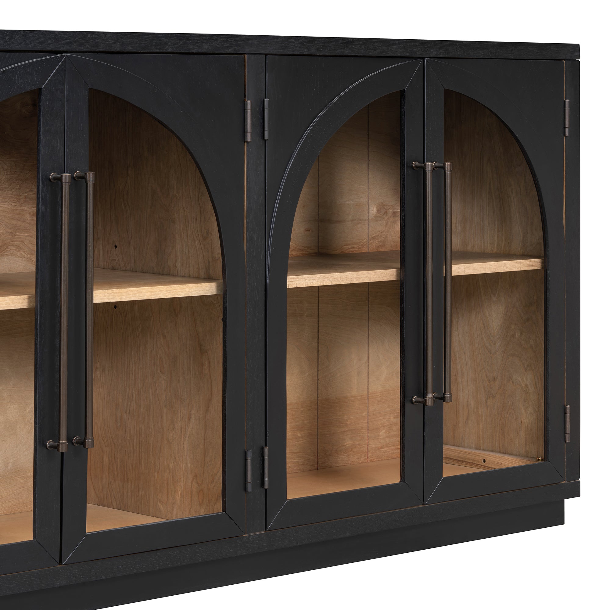 4-Door Large Storage Sideboard Buffet Cabinet with Glass Doors Arched Cabinet (Black)