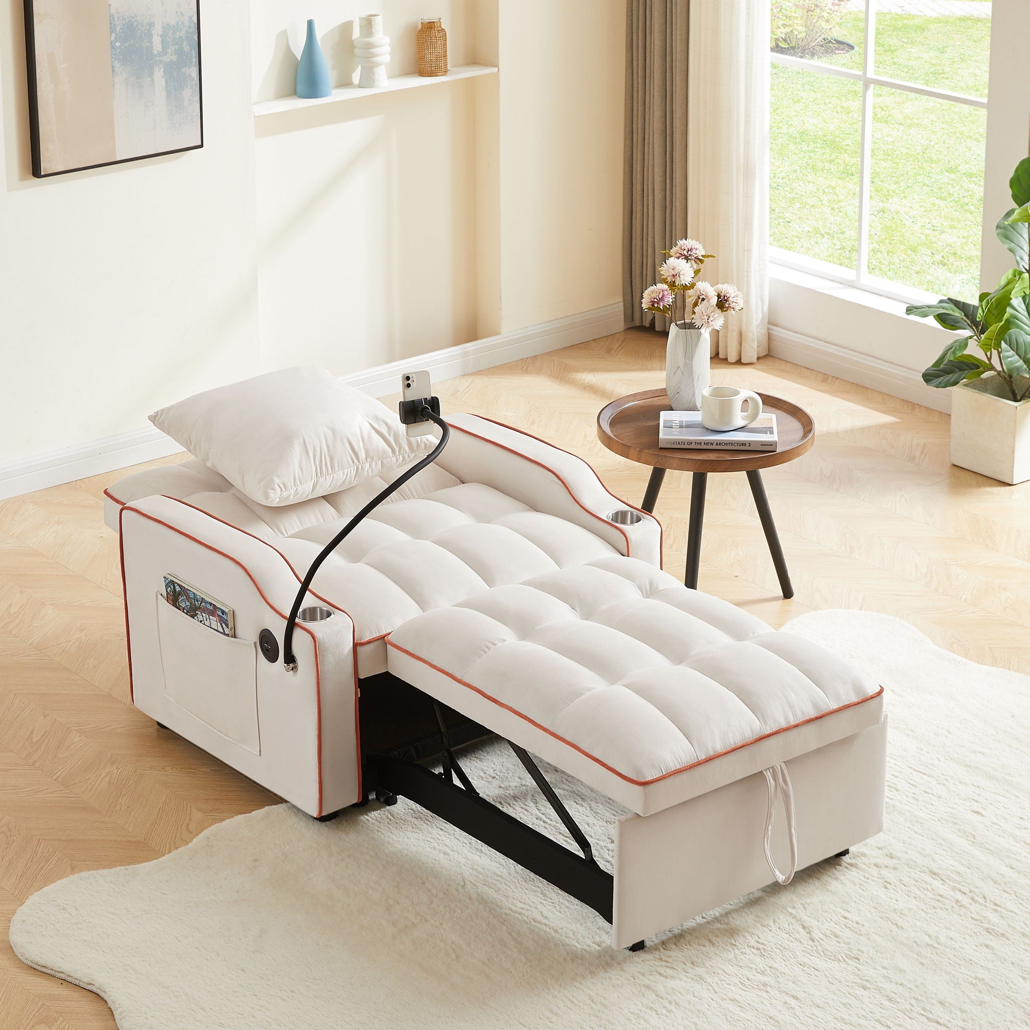 Convertible Velvet 3 In 1 Sofa Bed With Adjustable Sleeper Chair And Multi Pockets