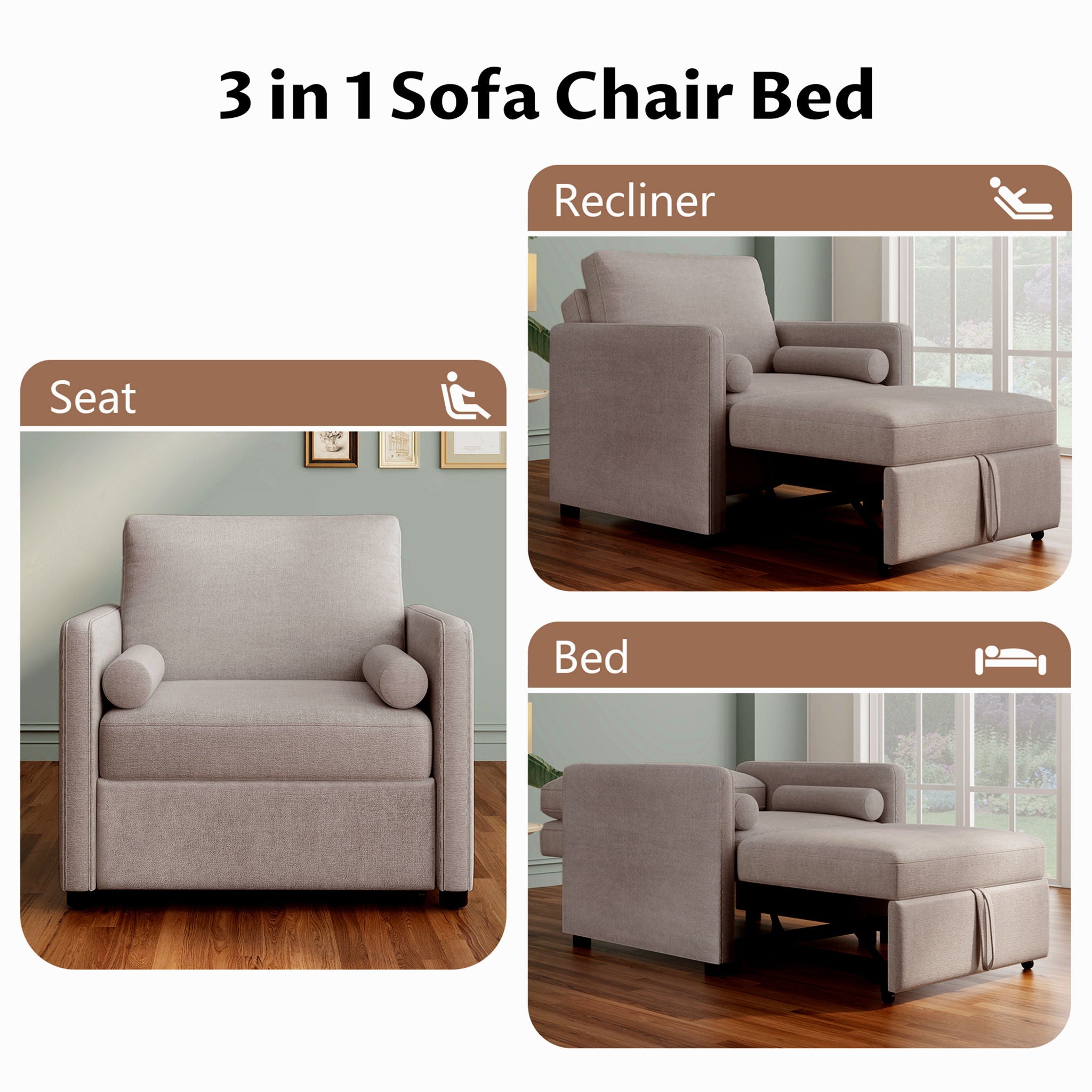 3 In 1 Convertible Sleeper Chair With Adjustable Backrest, Lounger Chair Turns Into Bed