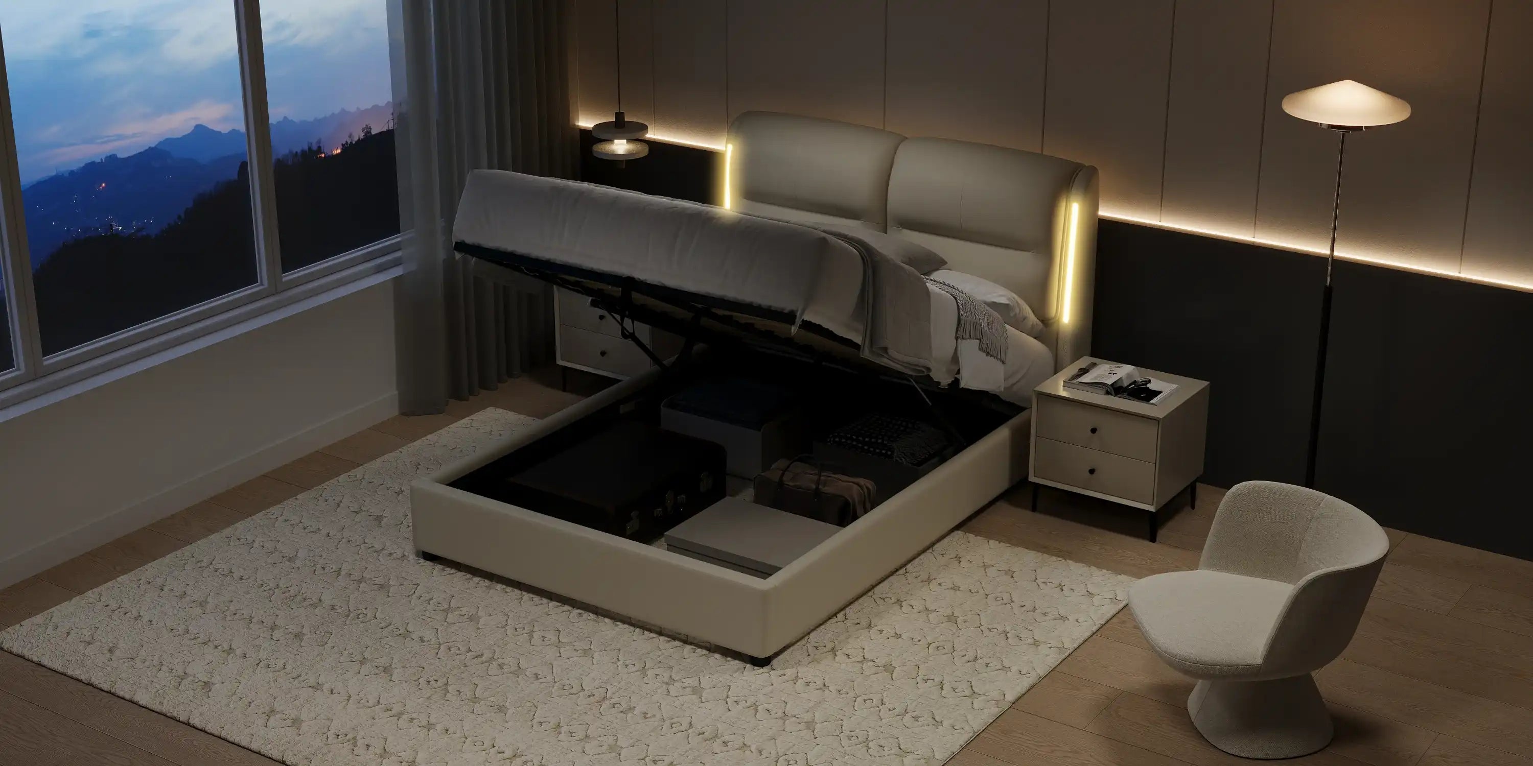 Upholstered Queen Size Hydraulic Platform Bed with Lift Up Storage and Sensor LED Lights - Best Buy Furniture