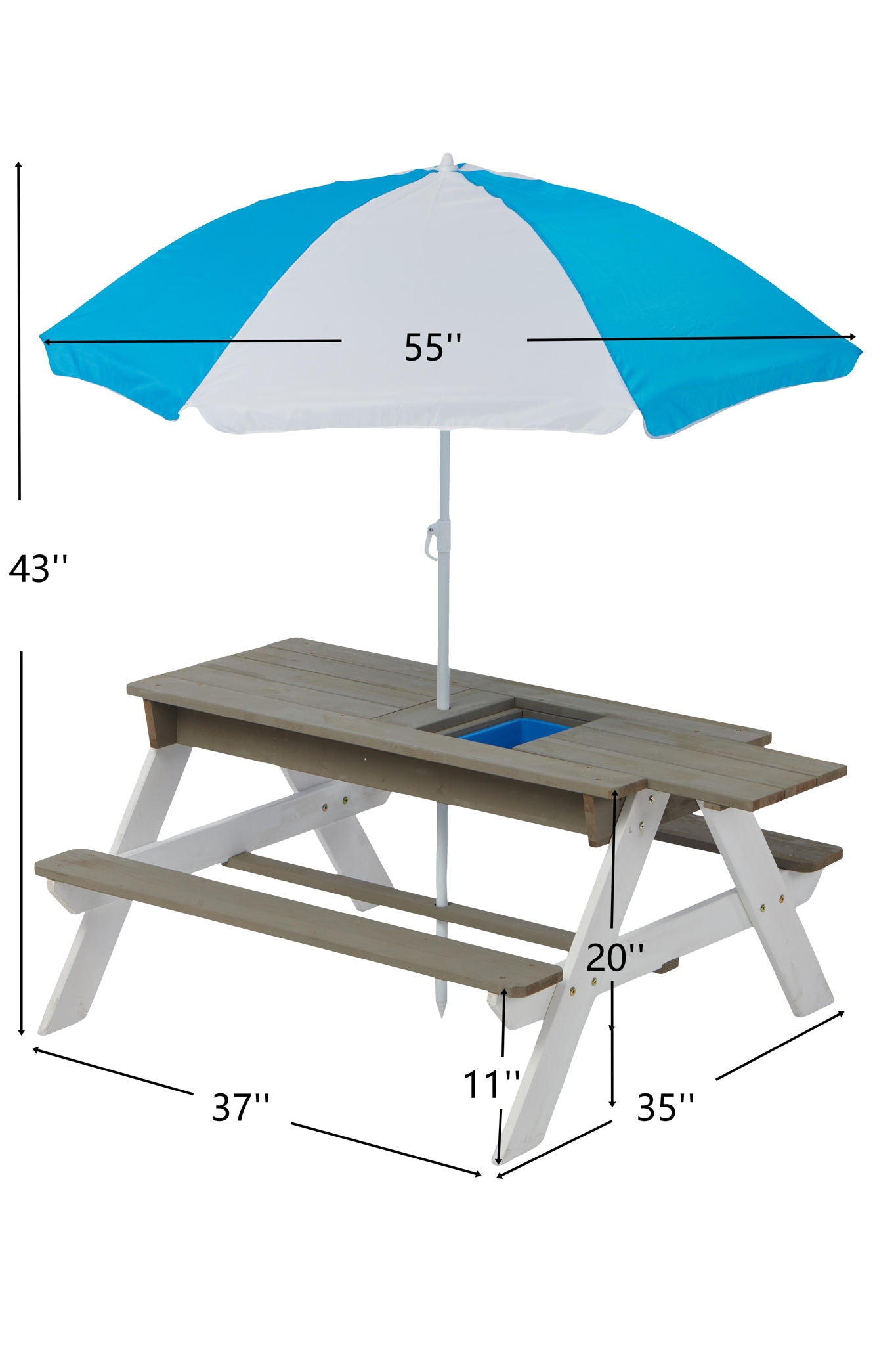 Wooden Kids Picnic Table, Sand And Water Table With Umbrella, Activity Table For Outdoor Backyard Patio Play - White / Gray