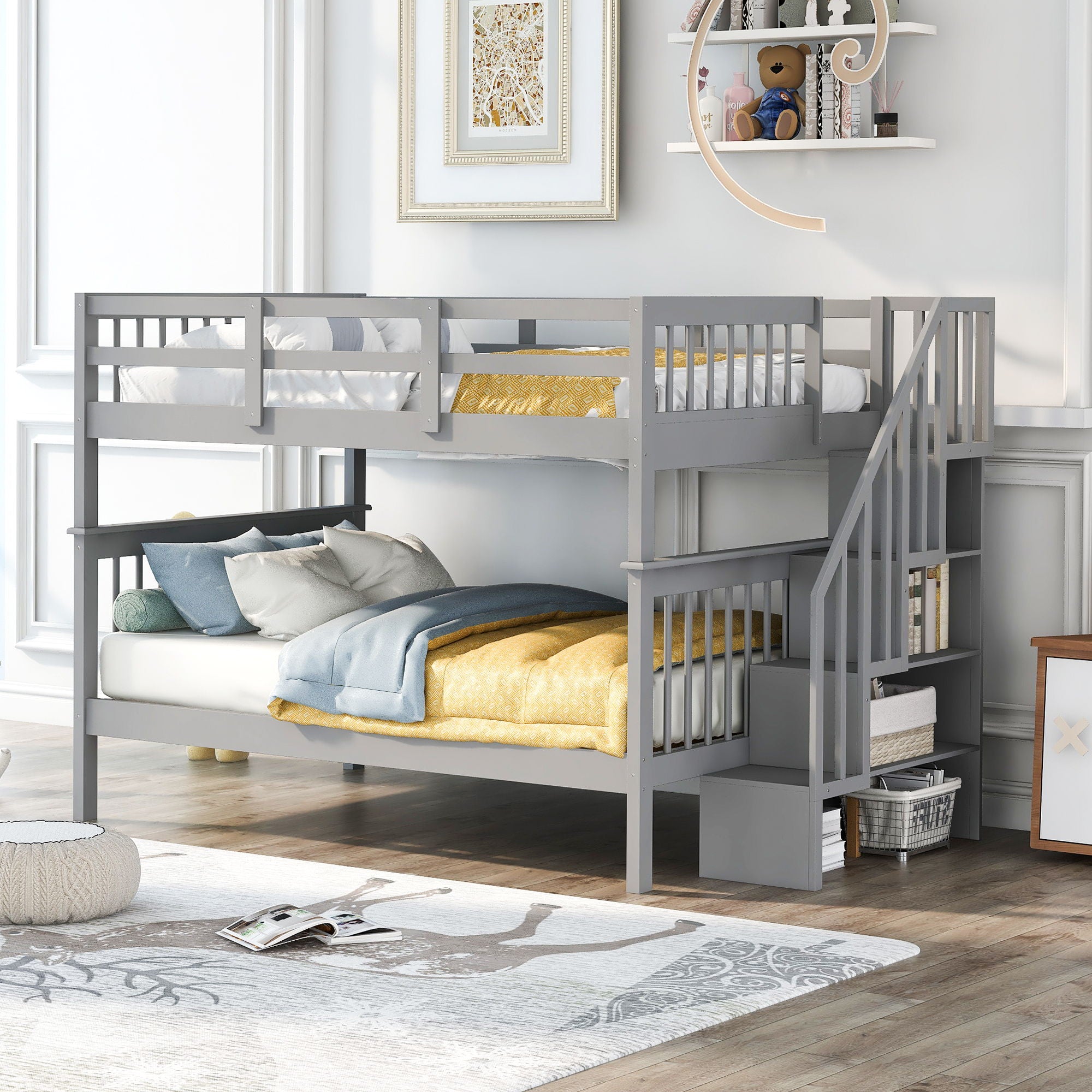 Stairway Bunk Bed With Storage And Guard Rail For Bedroom